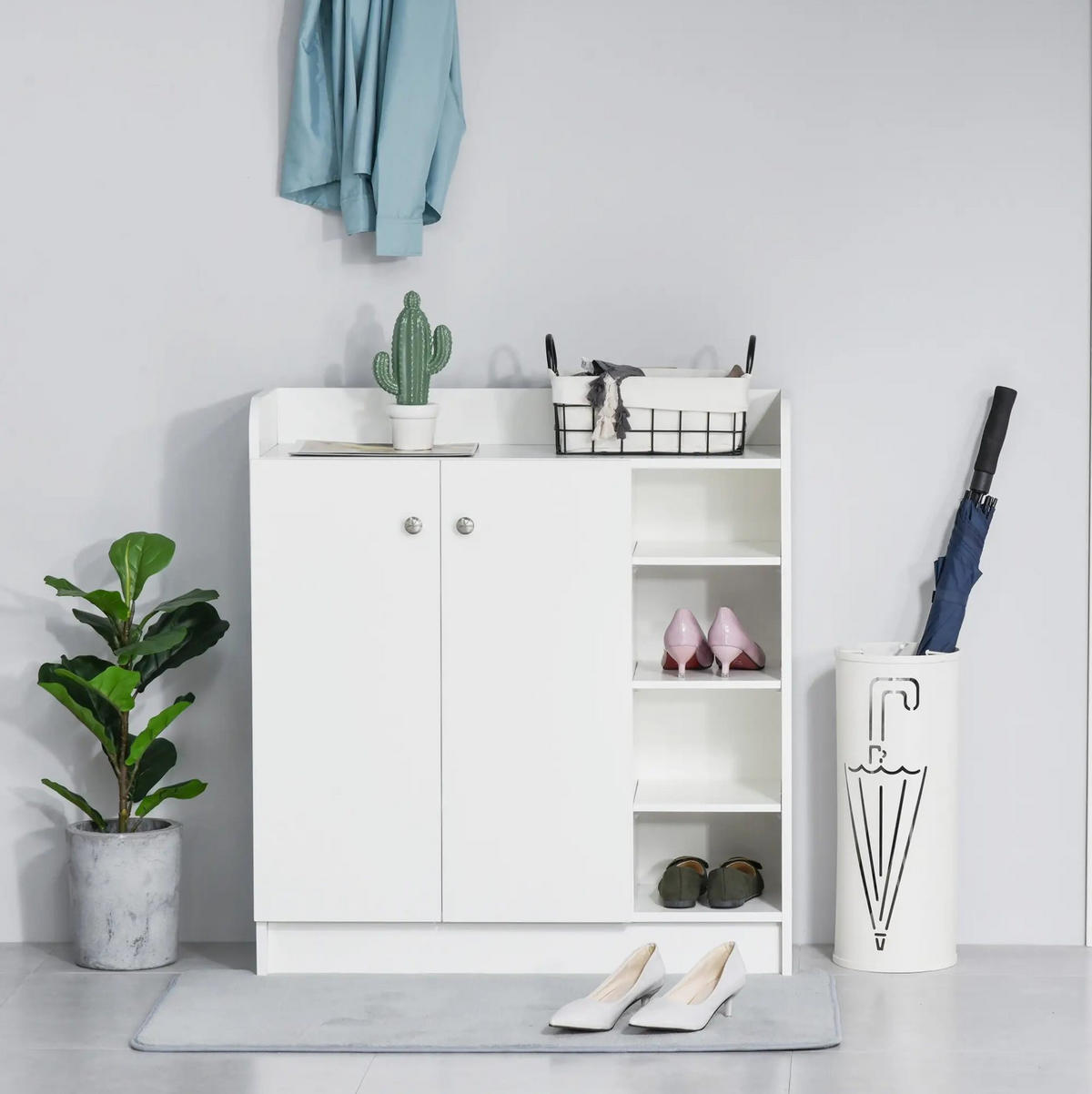 SCHUHSCHRANK 83/30/90 cm mit 2 Türen und 4 offenen Fächern, platzsparend, Weiß - Weiß, Holzwerkstoff (83/90/30cm) - Redom