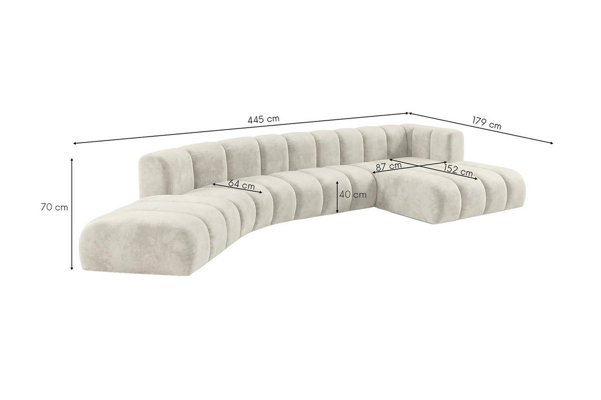 ECKSOFA Modulares In L-Form, Velvet-Stoff Riviera, Ecru, Rechts, GRAND Round - Creme, Holz (445/179cm) - Kaiser Möbel