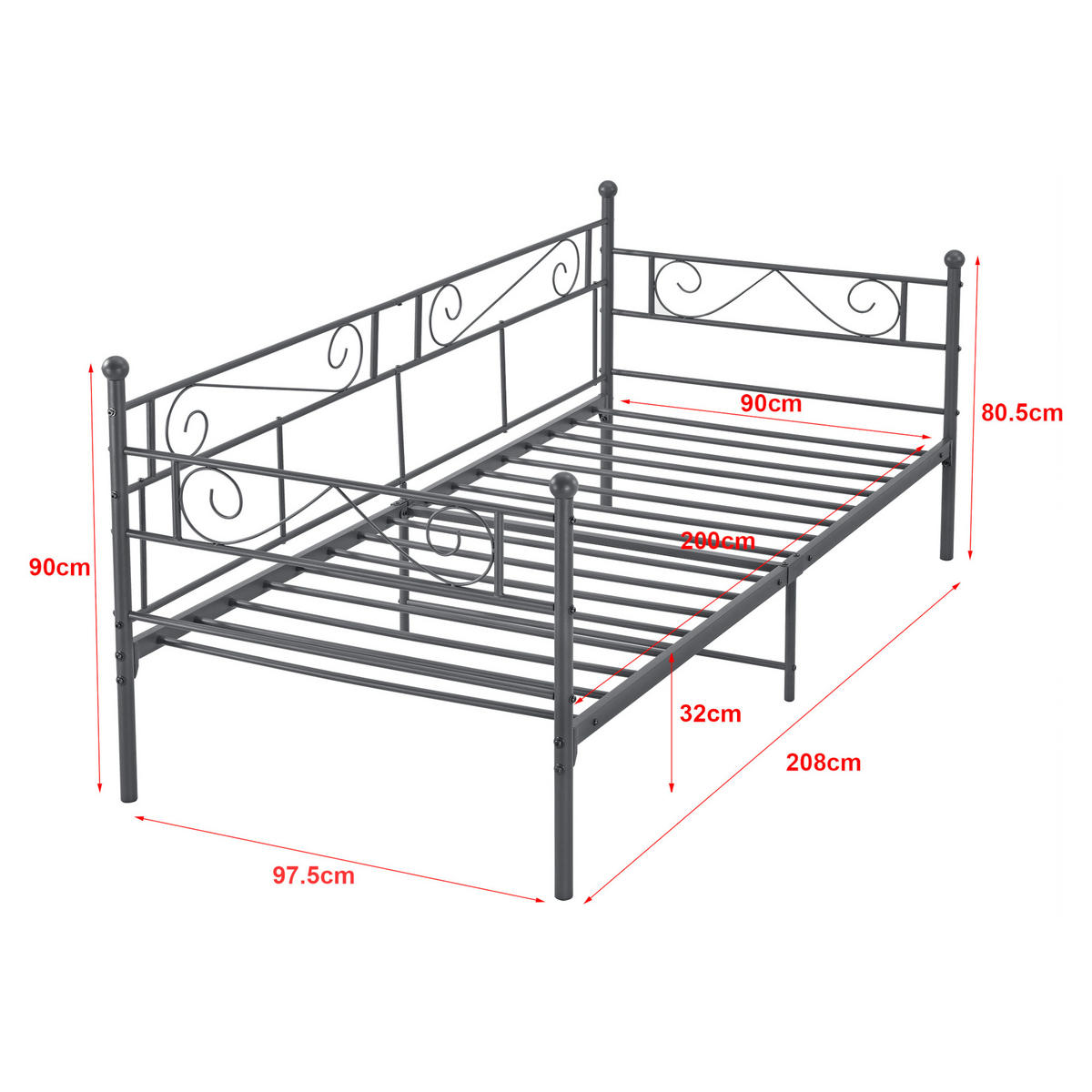 TAGESBETT Kerava - Dunkelgrau, Metall (90/200cm) - [en.casa]