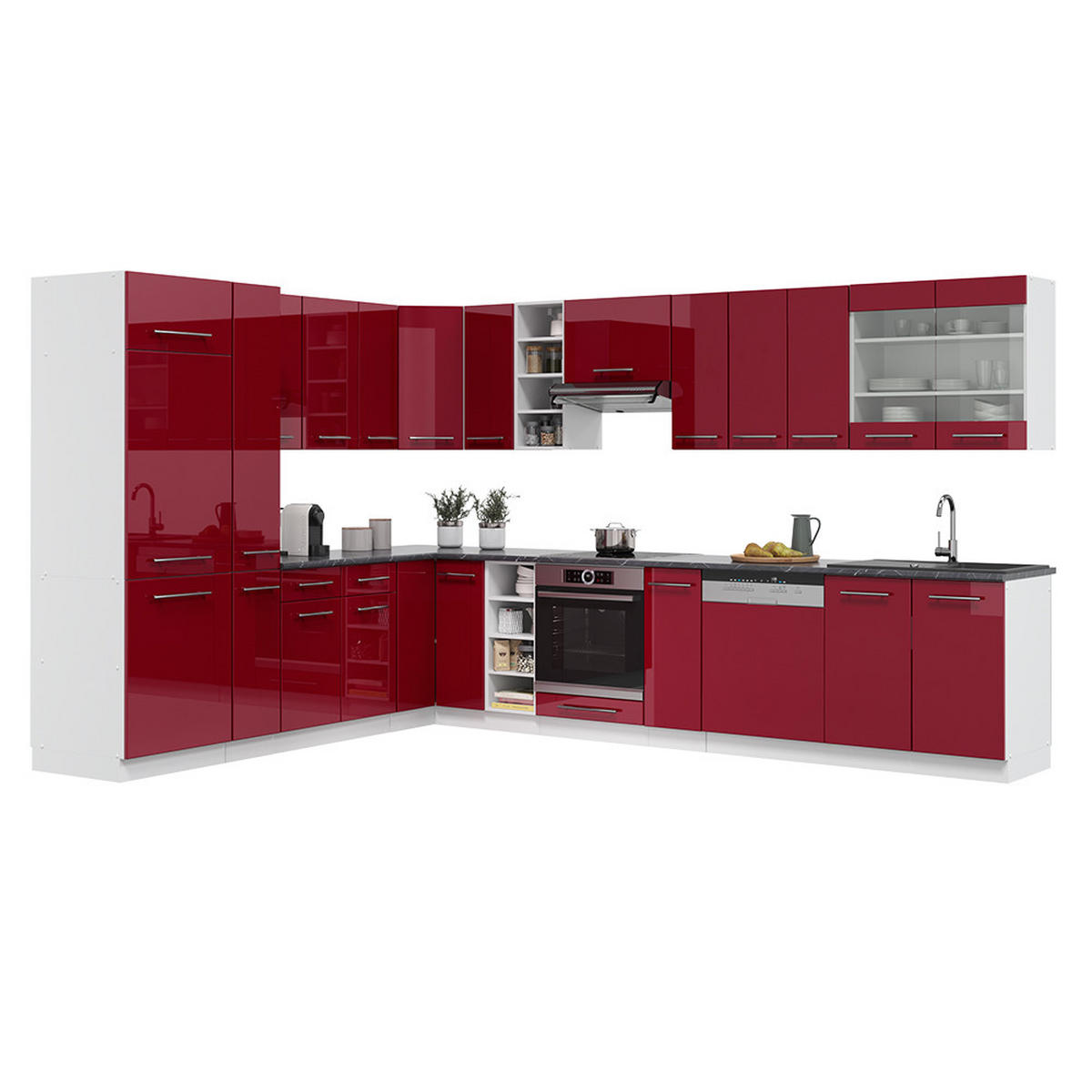 ECKKÜCHE Fame-Line Bordeaux Hochglanz/Weiß 347 x 257 cm ohne AP - Bordeaux/Weiß, Holzwerkstoff (347/81.6/46cm) - Vicco
