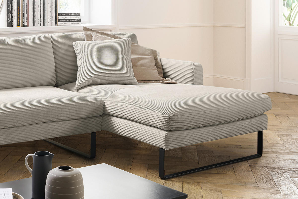 ECKSOFA RICARDA Granit Cord - Greige/Schwarz, Textil/Metall (298/154cm) - KAWOLA