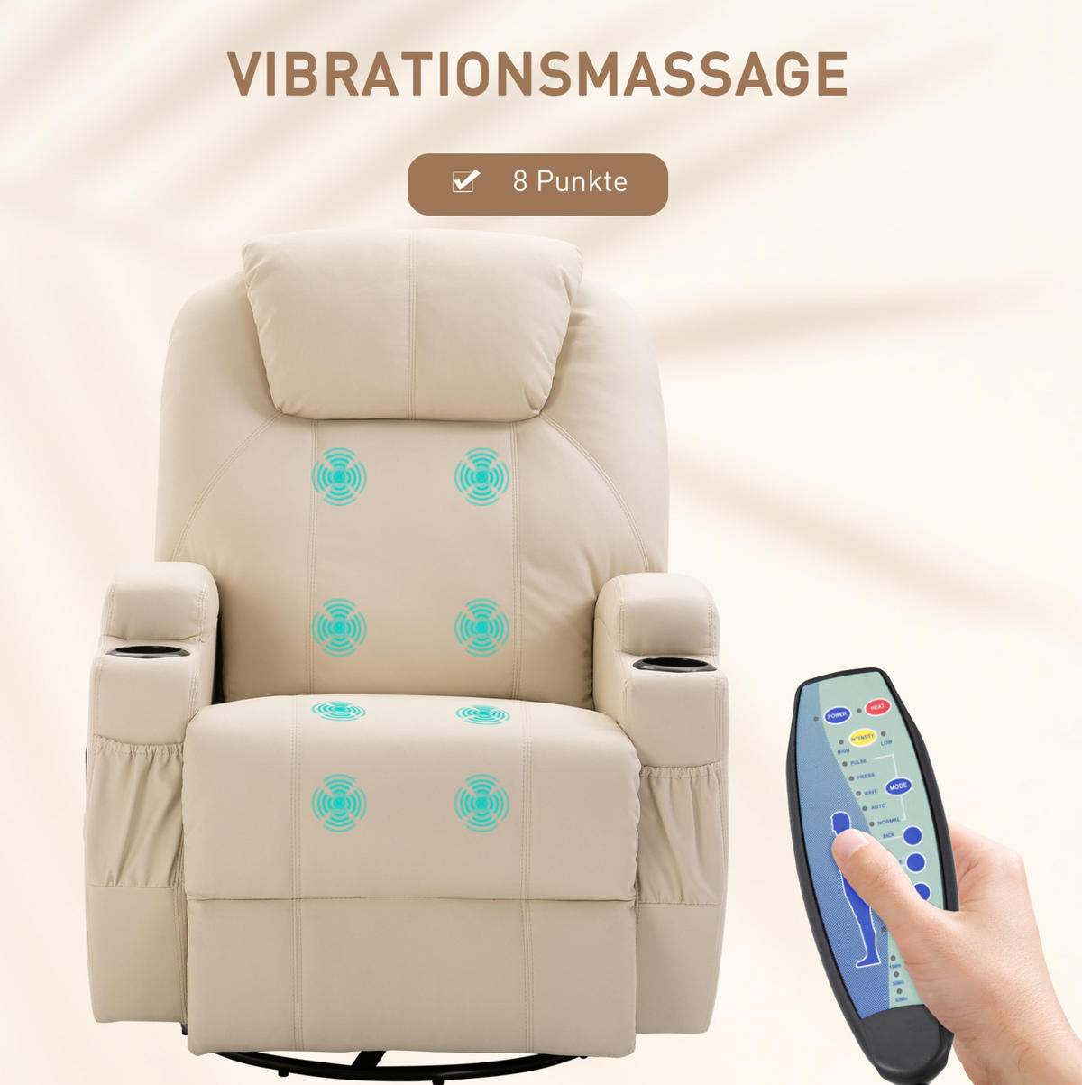 RELAXSESSEL in Cremeweiß 92x84x109 cm mit Massagefunktion, Schaukelfunktion und Drehfunktion - Creme, Leder (84/109/92cm) - IVMEU