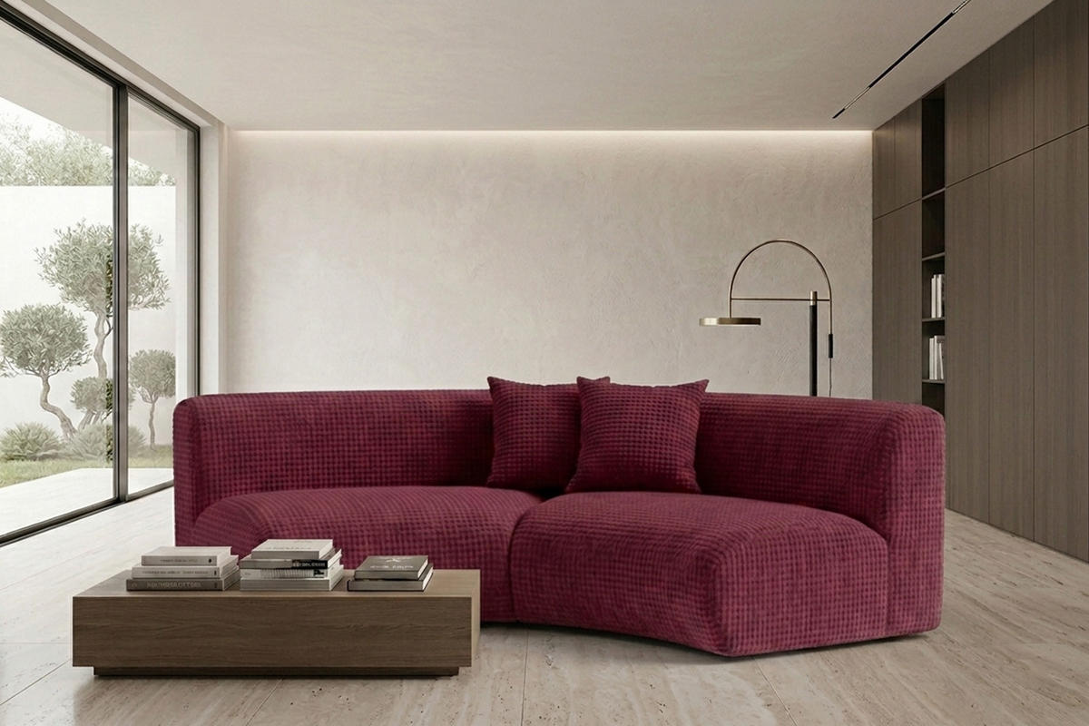 SOFA Round, Chenille-Stoff Cremona, Rotwein, GRETA - Weinrot, Holz (294/70/89cm) - Kaiser Möbel