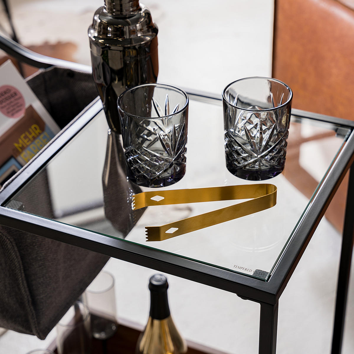 SERVIERWAGEN - Glas / Metall - Walnuss Dekor / Schwarz - Walnussfarben/Schwarz, Glas/Holzwerkstoff (35/58/70cm) - home24