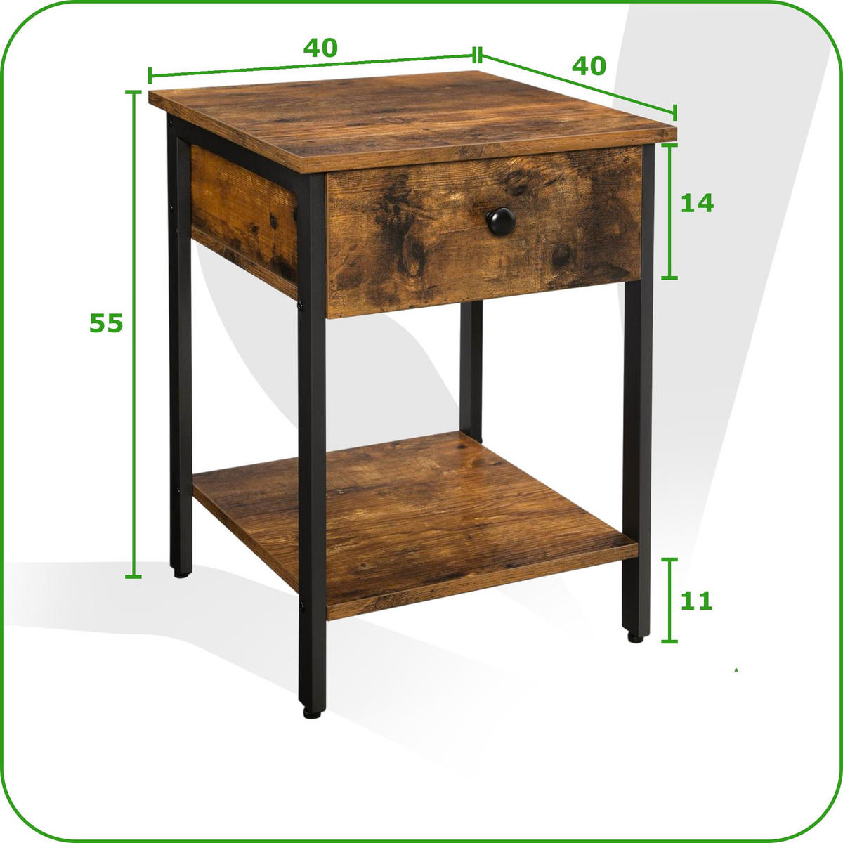 NACHTTISCH MDF Metall Rustikalbraun Schwarz mit Schublade 40x40x55 cm - Schwarz/Braun, Holzwerkstoff/Metall (40/55/40cm) - Begryf