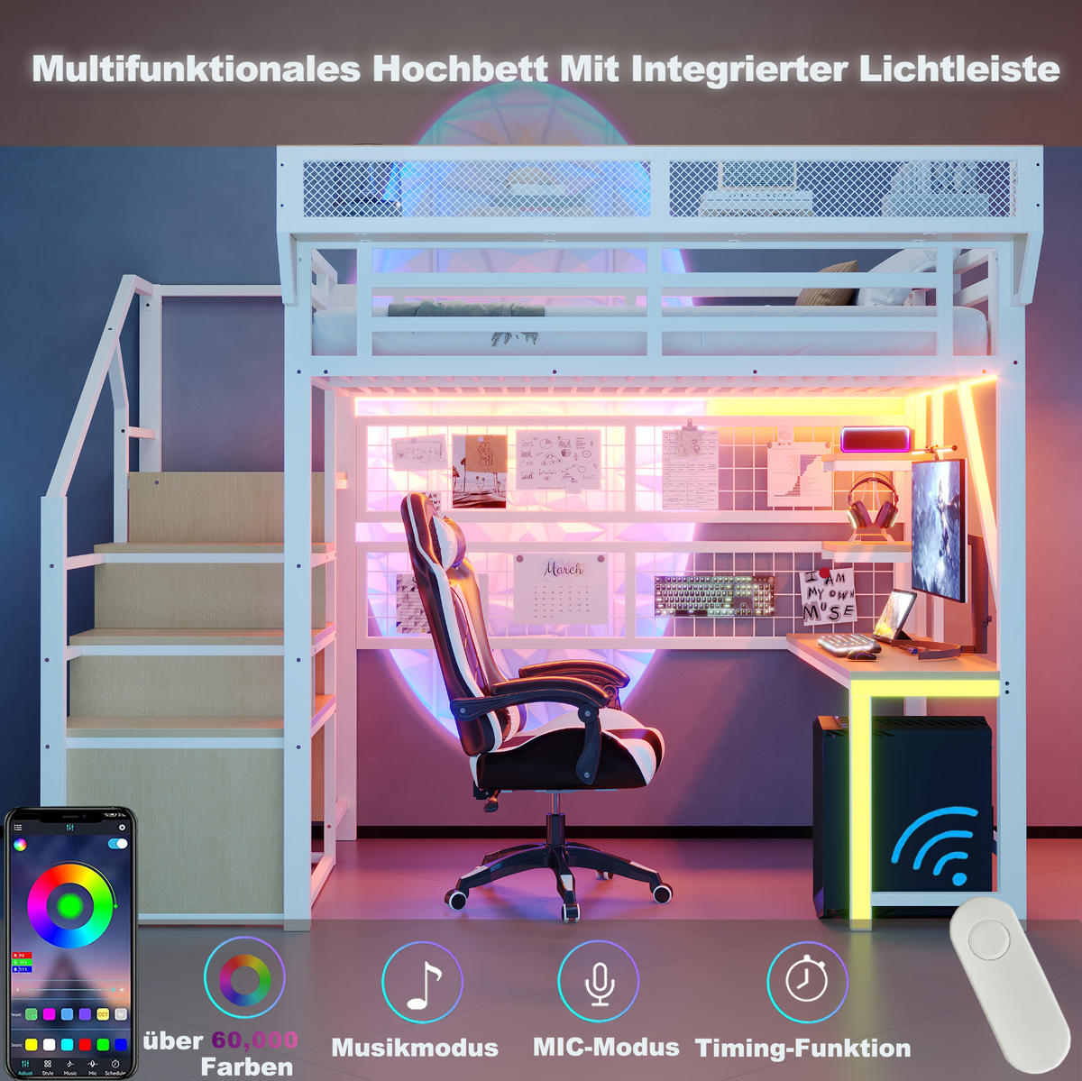 HOCHBETT 140/200 cm Weiß aus Metall mit Schreibtisch und LED - Weiß, Metall (140/200cm) - MIVRAY