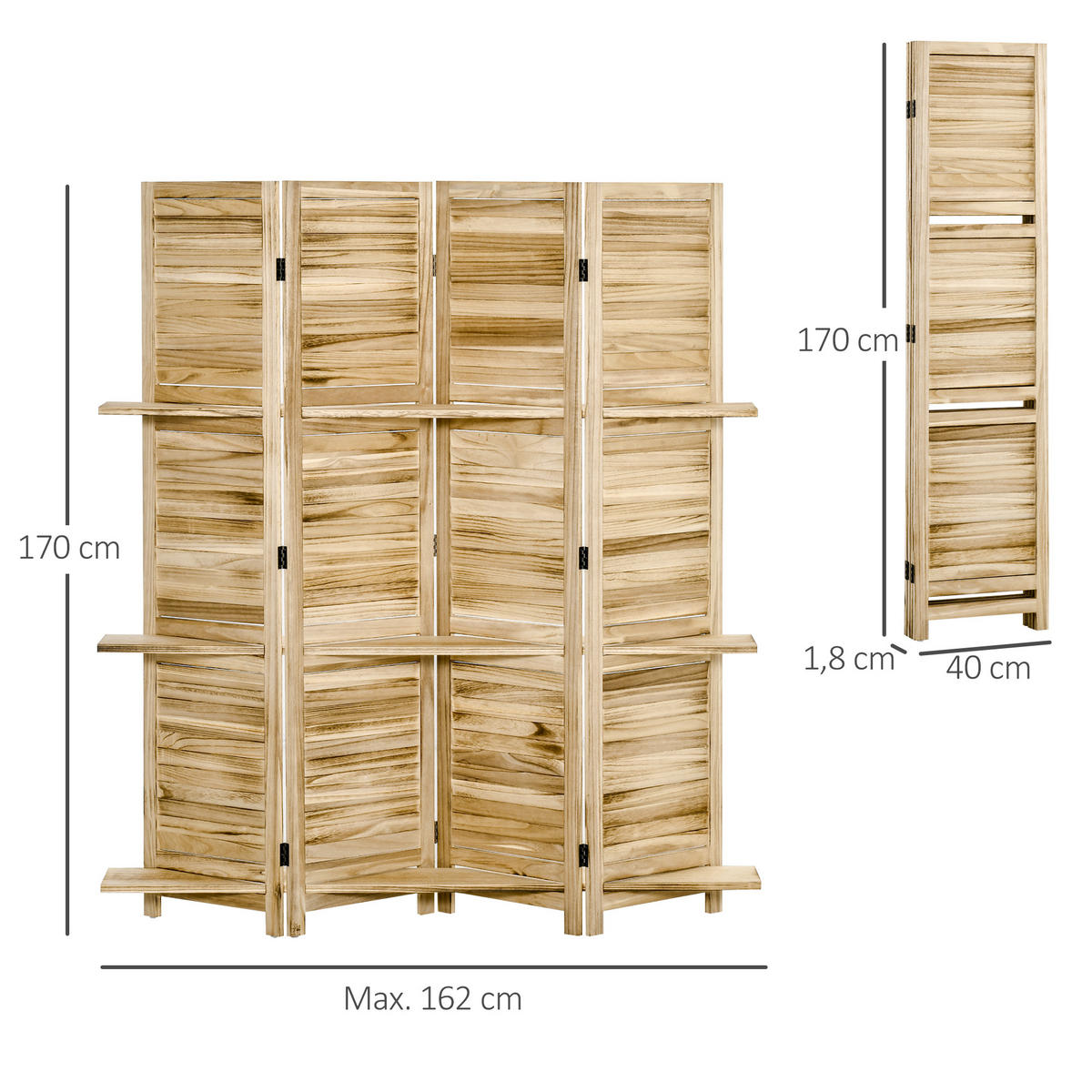 PARAVENT DE-14245 4-teilig, 3 Regalböden, klappbar Natur - Naturfarben, Holzwerkstoff (162/170/1.8cm) - ComfortXL