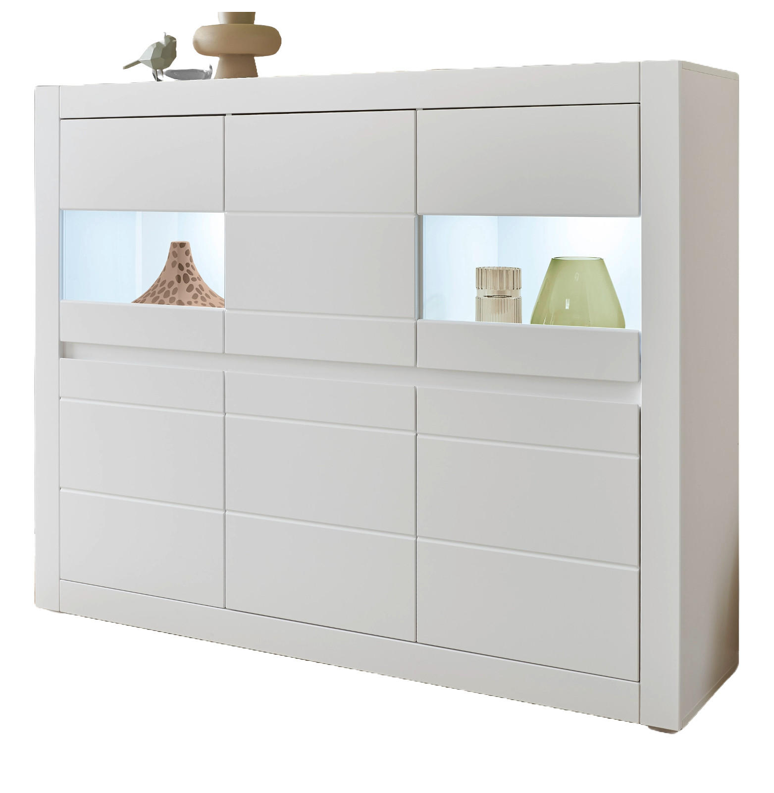 HIGHBOARD weiß matt, Evoke Eiche, Vitrine mit Soft-Close-Funktion und Beleuchtung - Eichefarben/Silberfarben, Holzwerkstoff/Kunststoff (165/132/42cm) - Furn.Design