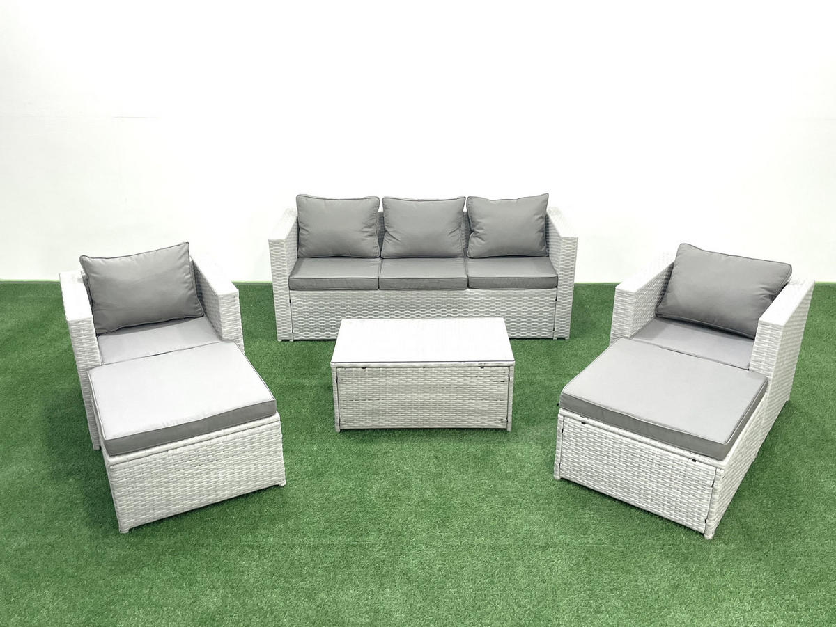GARTENMÖBELSET mit 3-SITZER SOFA,COUCHTISCH Polyrattan Hellgrau-Mix 7-Sitzer - Hellgrau/Grau, Glas/Kunststoff - Fimous