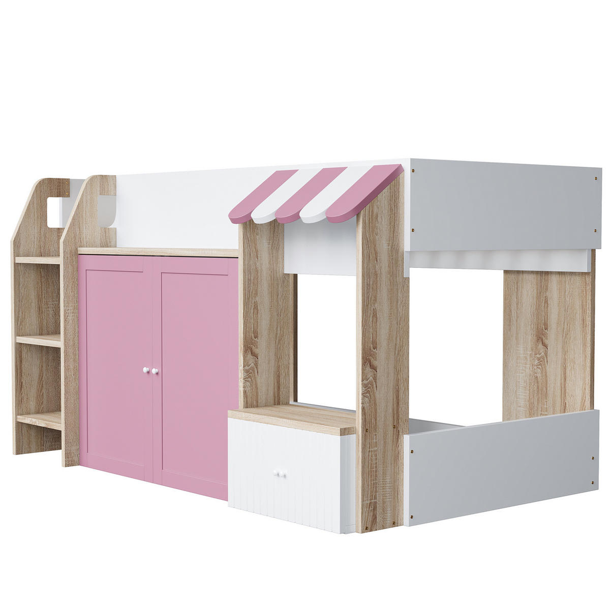 HOCHBETT aus Holz 90x200 cm in Rosa mit Leiter & Stauraum - Rosa, Holzwerkstoff (90/200cm) - Modfu