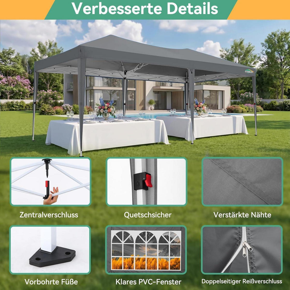 FALTPAVILLON 3x6m Grau mit 6 Seitenteilen, UV Schutz 50+ und höhenverstellbar - Grau, Textil (300/275/600cm)