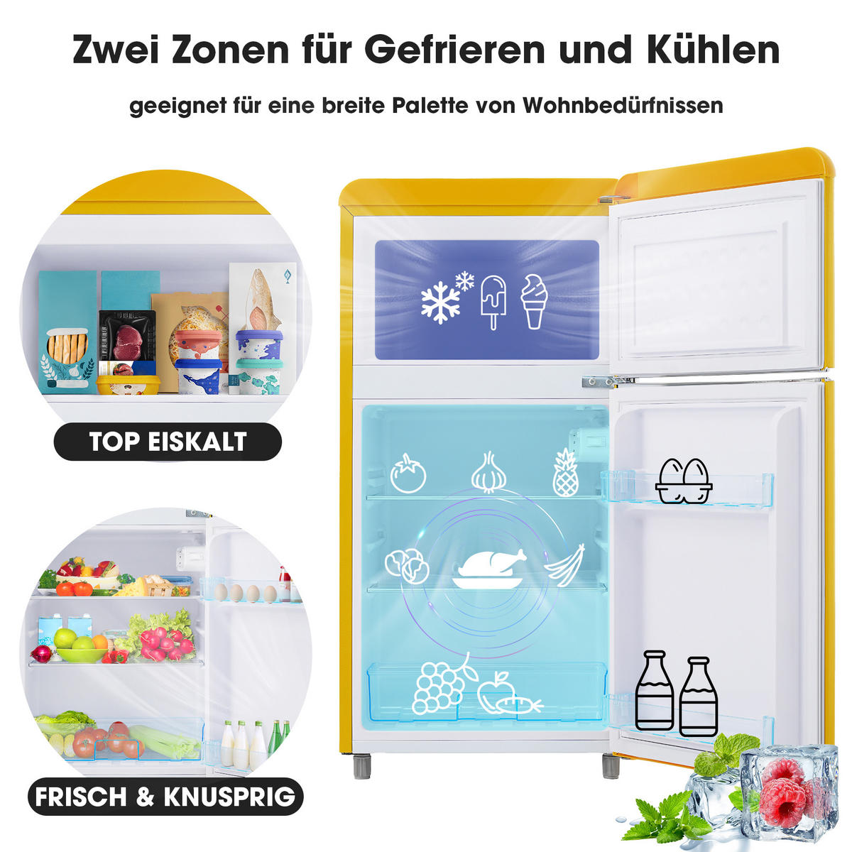 RETRO KÜHLSCHRANK 72L Doppeltür 21L Gefrier LED E Klasse - Gelb, Kunststoff (45/91/46cm) - FLIEKS