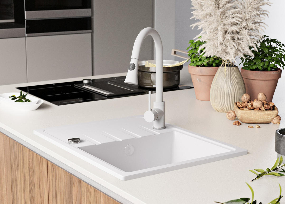 GRANITSPÜLE Mailand, 2-er set Weiß 62/50 cm 1 Becken + Küchenarmatur 40/20 cm + Ablauf-Set ab 40er Unterschrank - Chromfarben/Weiß, Kunststoff (62/19/50cm) - Primagran