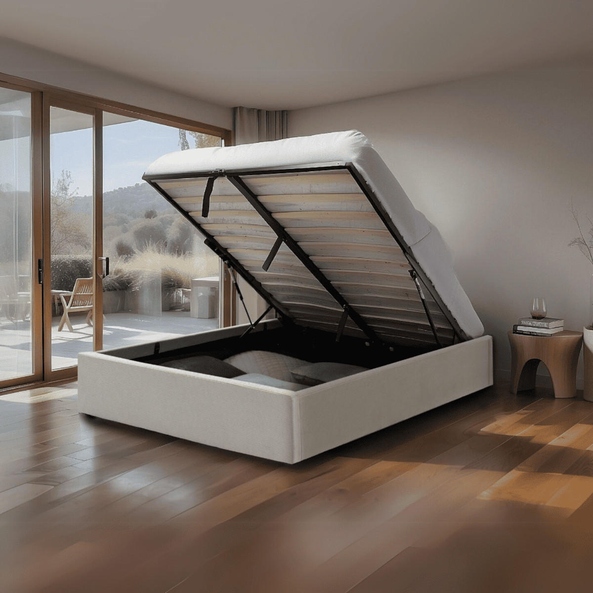 BETTKASTEN bezogen mit samt romy 204/152/36,5 cm - Beige, Holz (140/190cm) - Calicosy