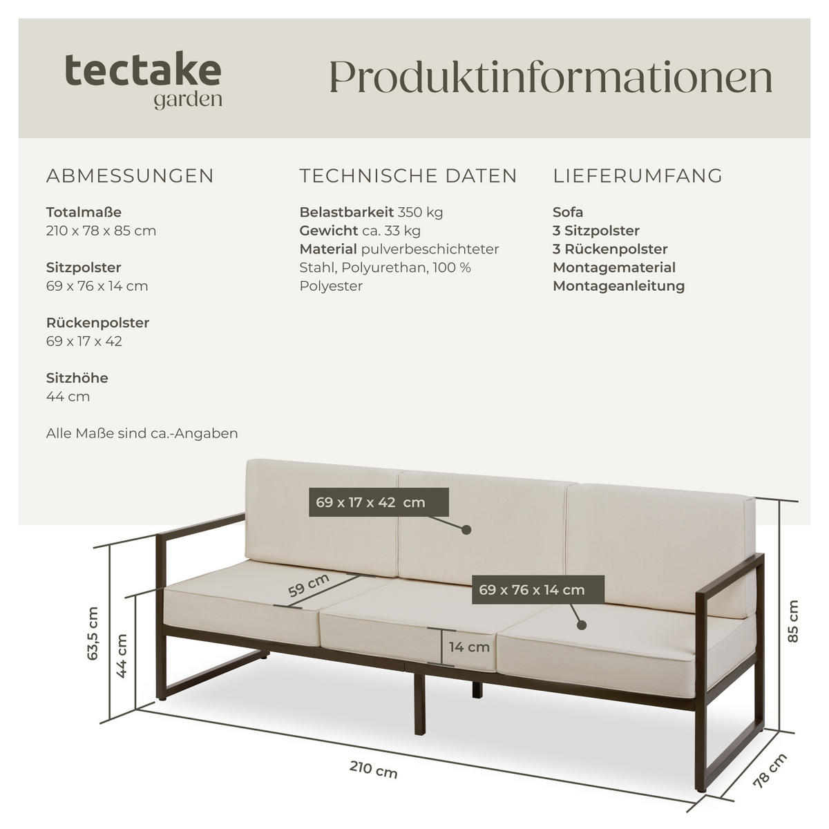 GARTEN-LOUNGESOFA Comosa,210 x 78 x 85 cm,braun/beige - Beige/Braun, Kunststoff (210/85/78cm) - tectake
