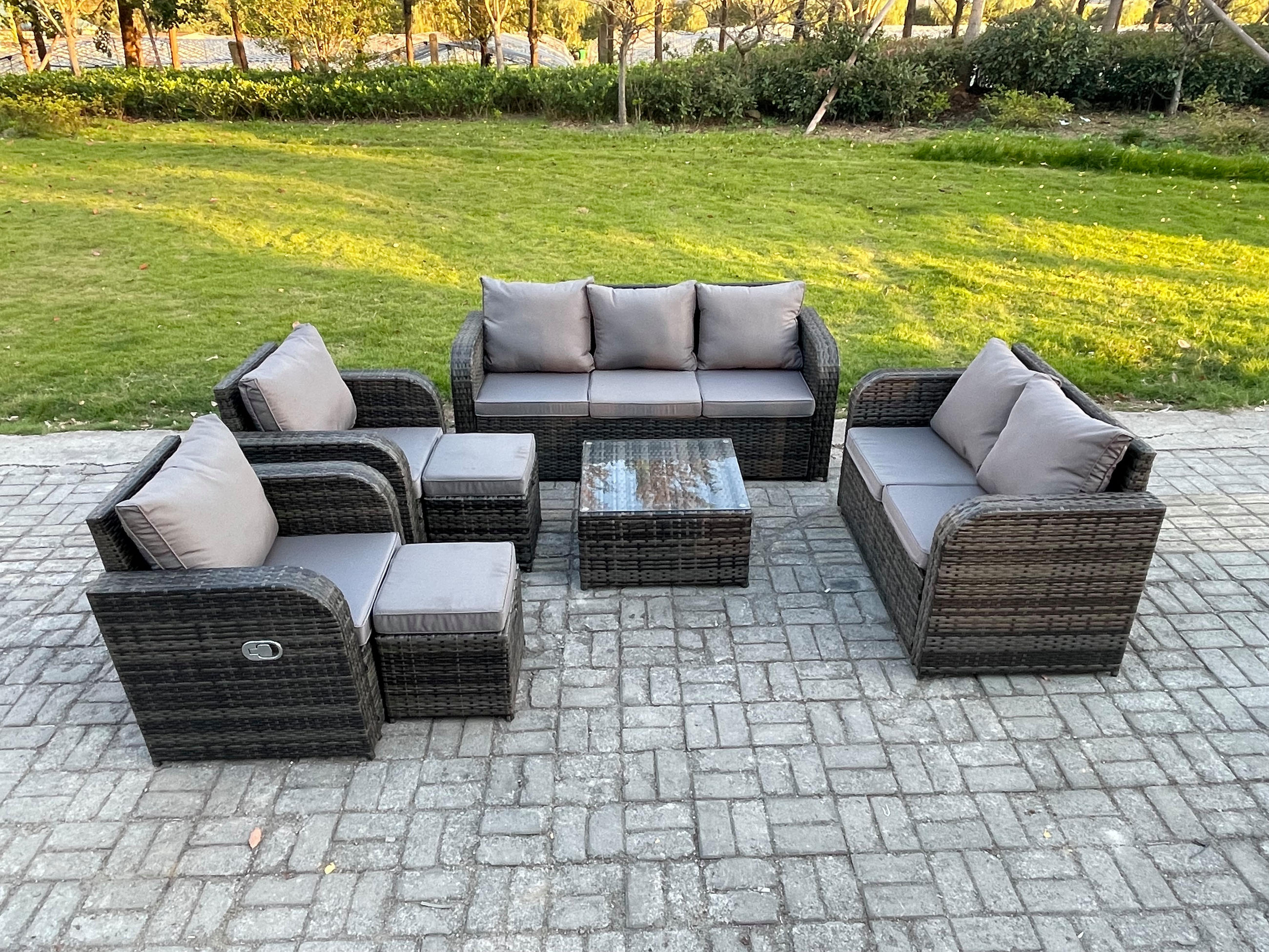 GARTENSOFA SET mit Couchtisch Polyrattan Dunkelgrau 7-teilige - Dunkelgrau/Grau, Glas/Kunststoff - Fimous