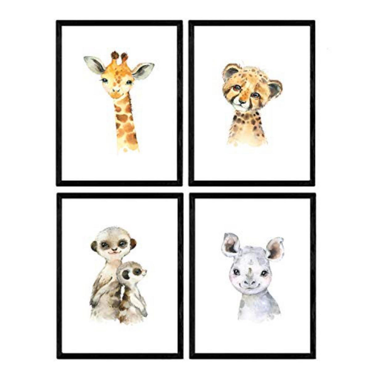POSTER Set mit 4 Tiger Rhinoceros Giraffe und Suricata A3 Schwarzer Rahmen - Schwarz, Papier (29.7/3cm) - Nacnic