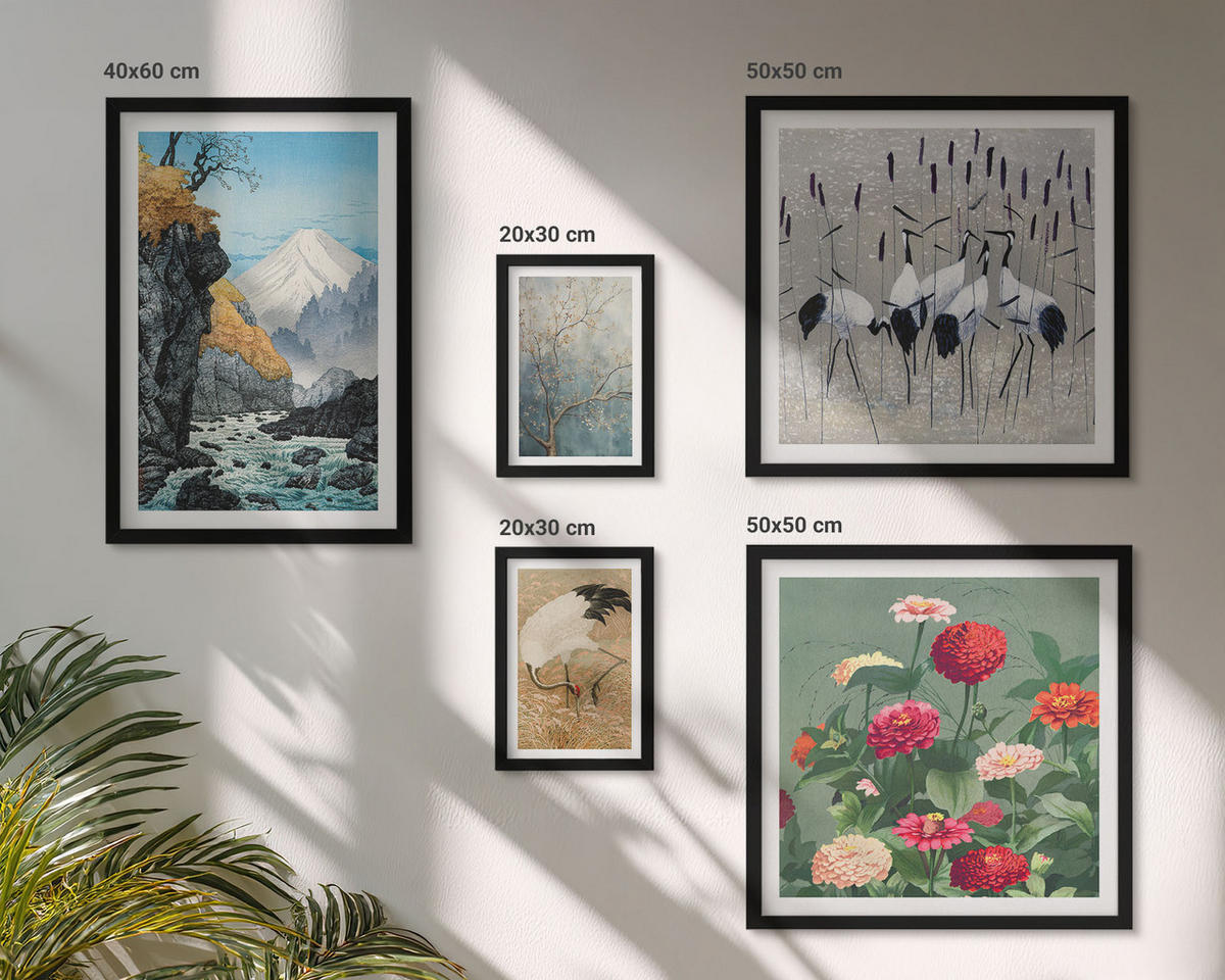 BILDER SET 5er Set - 50x50 cm & 20x30 cm & 40x60 cm Schwarzer Rahmen - Berge, Fluss, Blumen, Kraniche - Schwarz, Kunststoff (40/60cm) - TULUP
