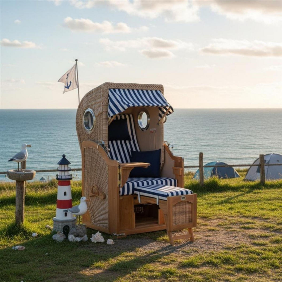 STRANDKORB Düne 1-Sitzer Teak 518 - Blau/Dunkelblau, Holz/Textil (96/165/80cm) - Mr. Deko