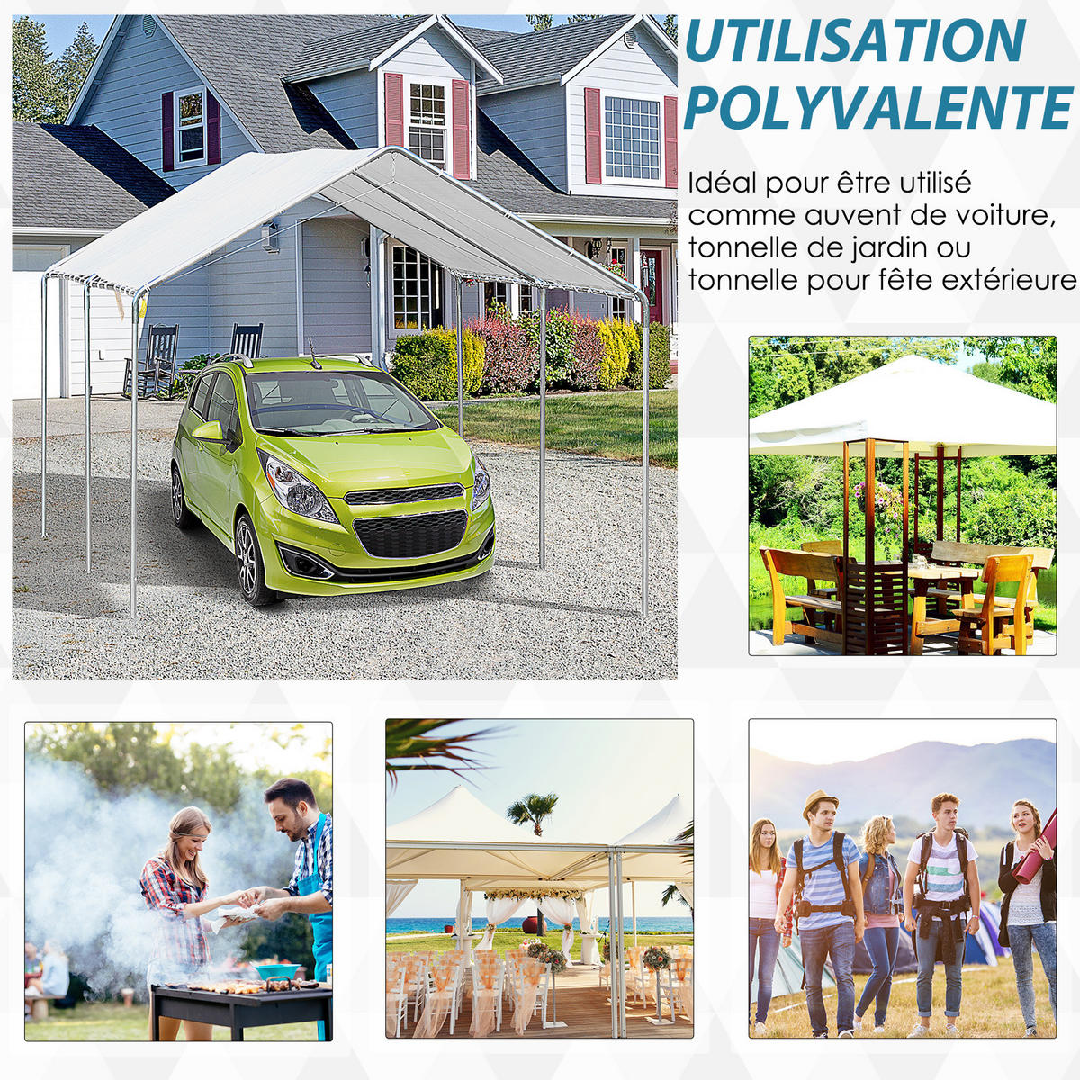 CARPORT DE-12767 600/300 cm 170 g/m² wasserdicht mit Doppeldach Weiß - Weiß, Kunststoff (595/260/290cm) - ComfortXL