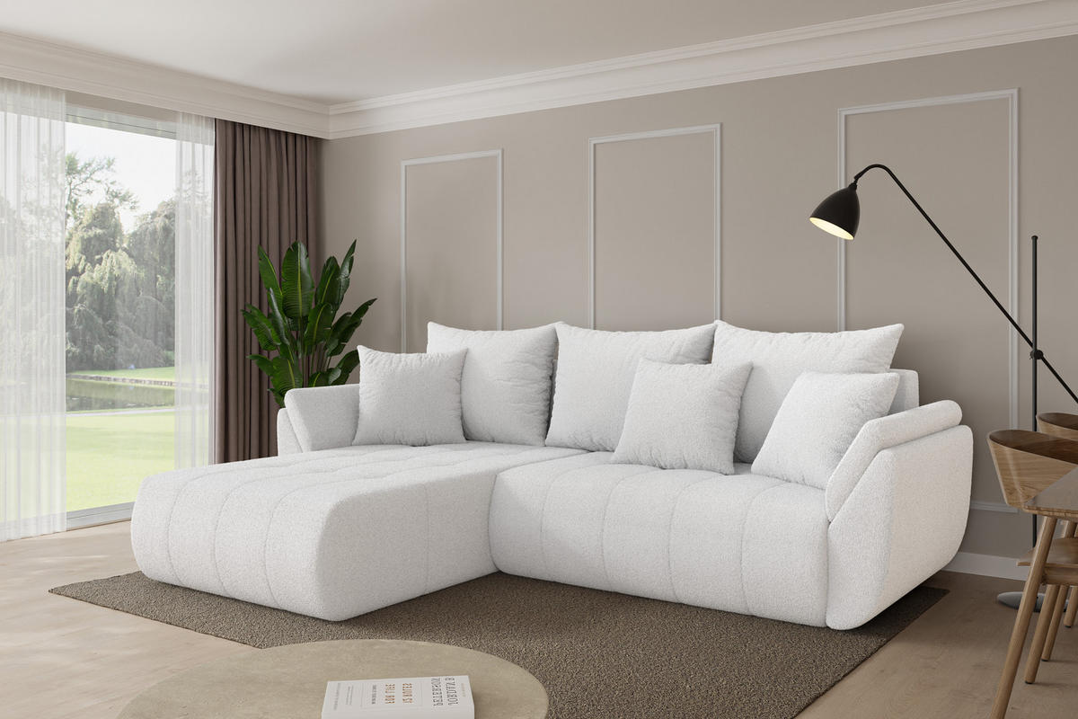 ROHOVÁ SEDAČKA s funkcí spaní, otoman vlevo TOKO-L 277x194x86 bílá bouclé - bílá/černá, kompozitní dřevo/textil (277/194cm) - ALTDECOR