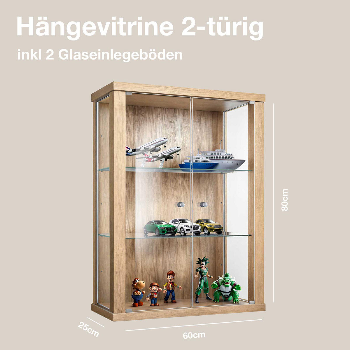 HÄNGEVITRINE 25/60/80 cm mit 2 höhenverstellbaren Glasböden - Transparent/Silberfarben, Glas/Holzwerkstoff (60/80/25cm) - K-Möbel