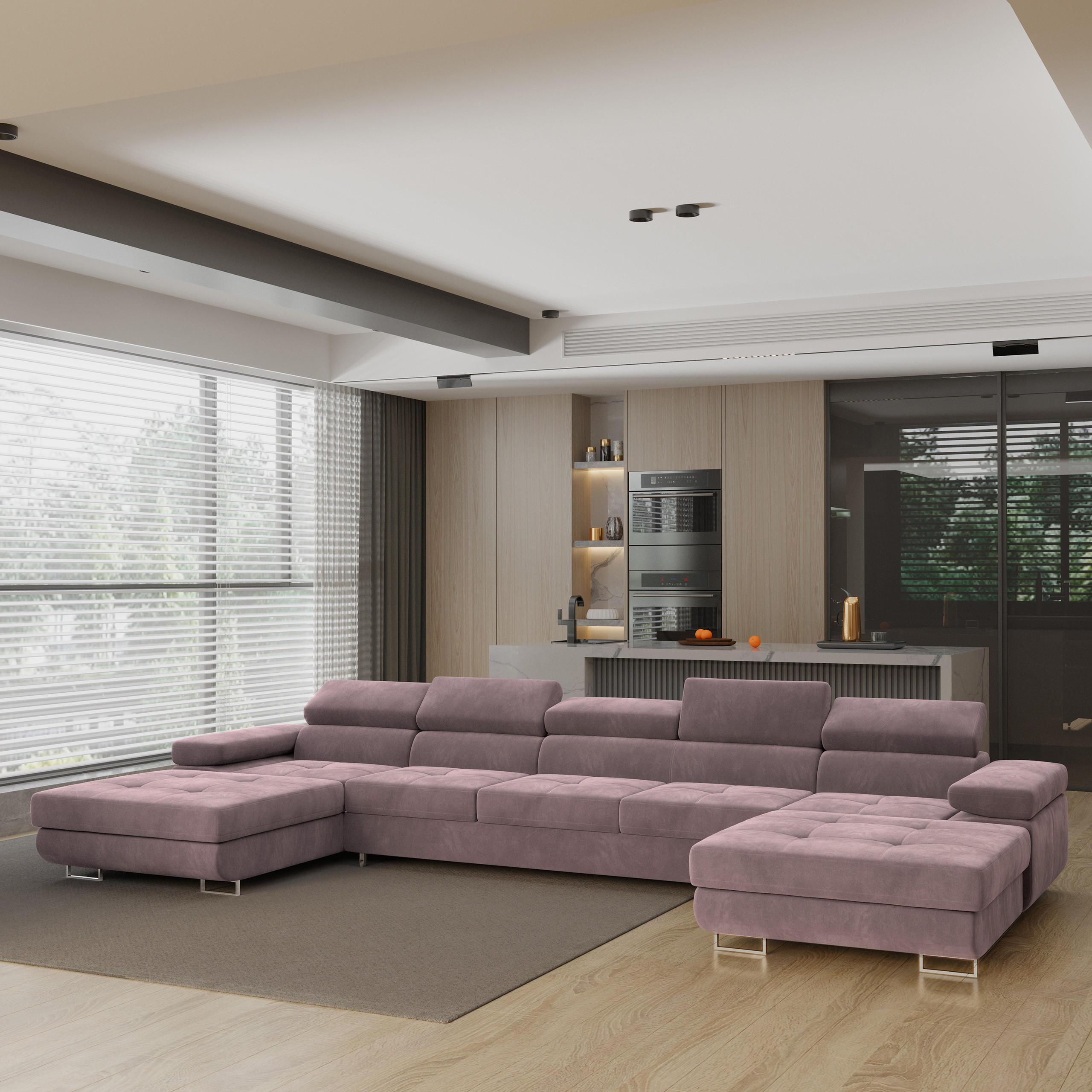 WOHNLANDSCHAFT OMBRA Lila Velours-Stoff mit Schlaffunktion - Lila, Holz (425/90/202cm) - MASSENO