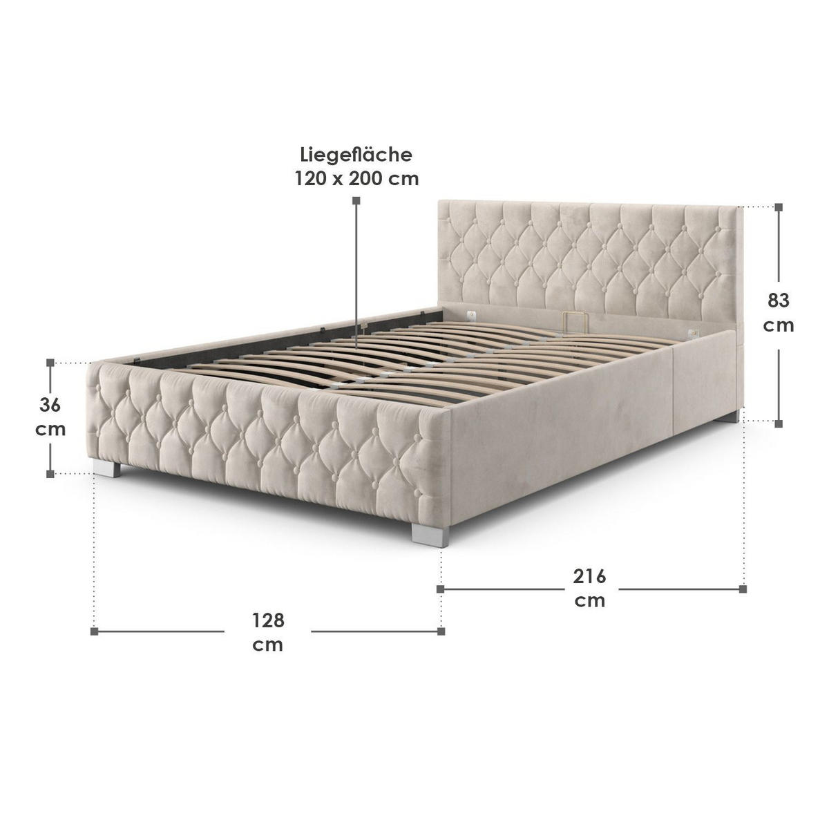POLSTERBETT Nizza Beige 120x200 cm mit Bettkasten und LED - Beige, Holzwerkstoff (120/200cm) - Juskys