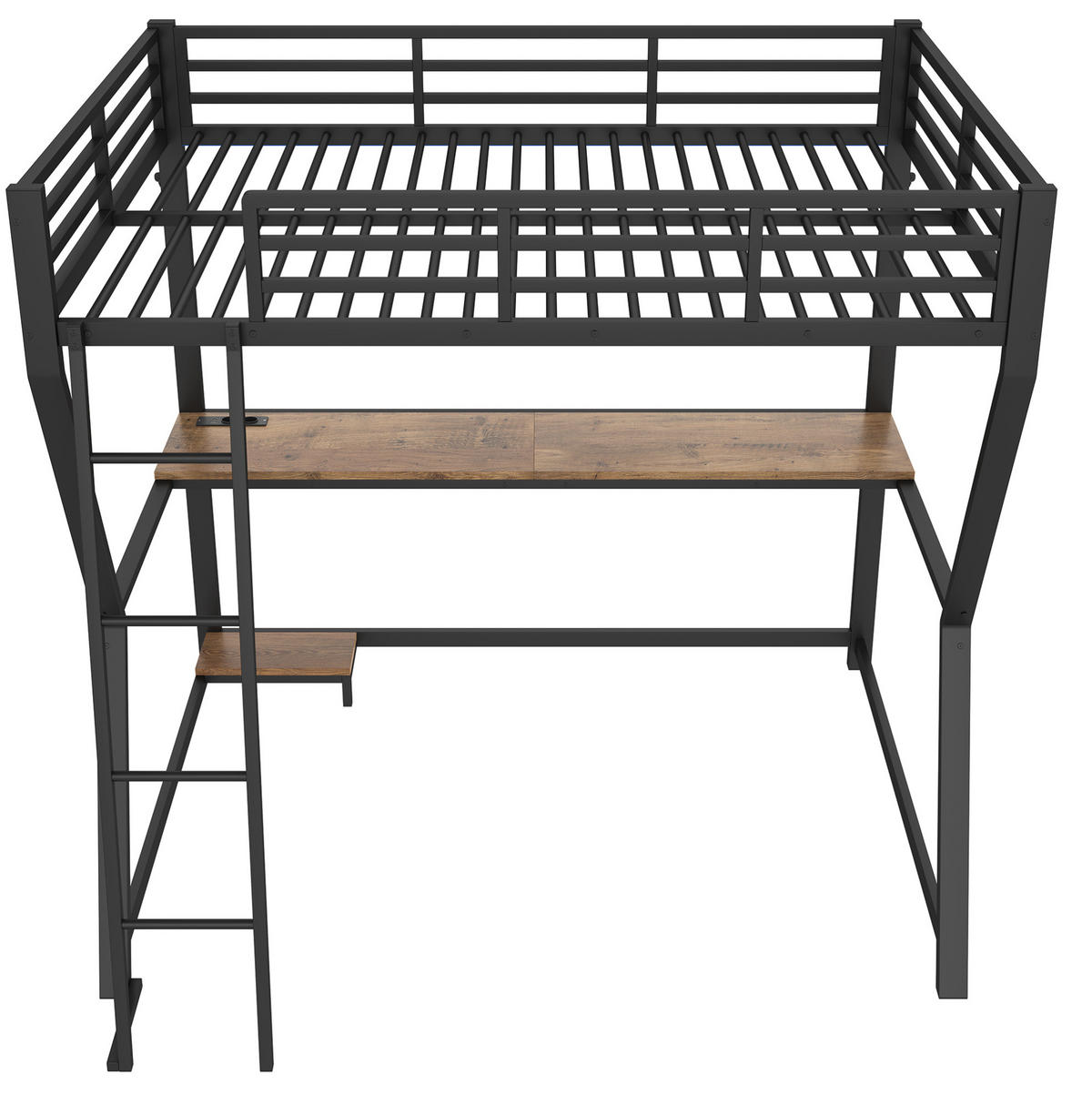 HOCHBETT 140/200 cm aus Metall mit Schreibtisch, LED-Beleuchtung und USB - Schwarz, Metall (140/200cm) - Flora Grace