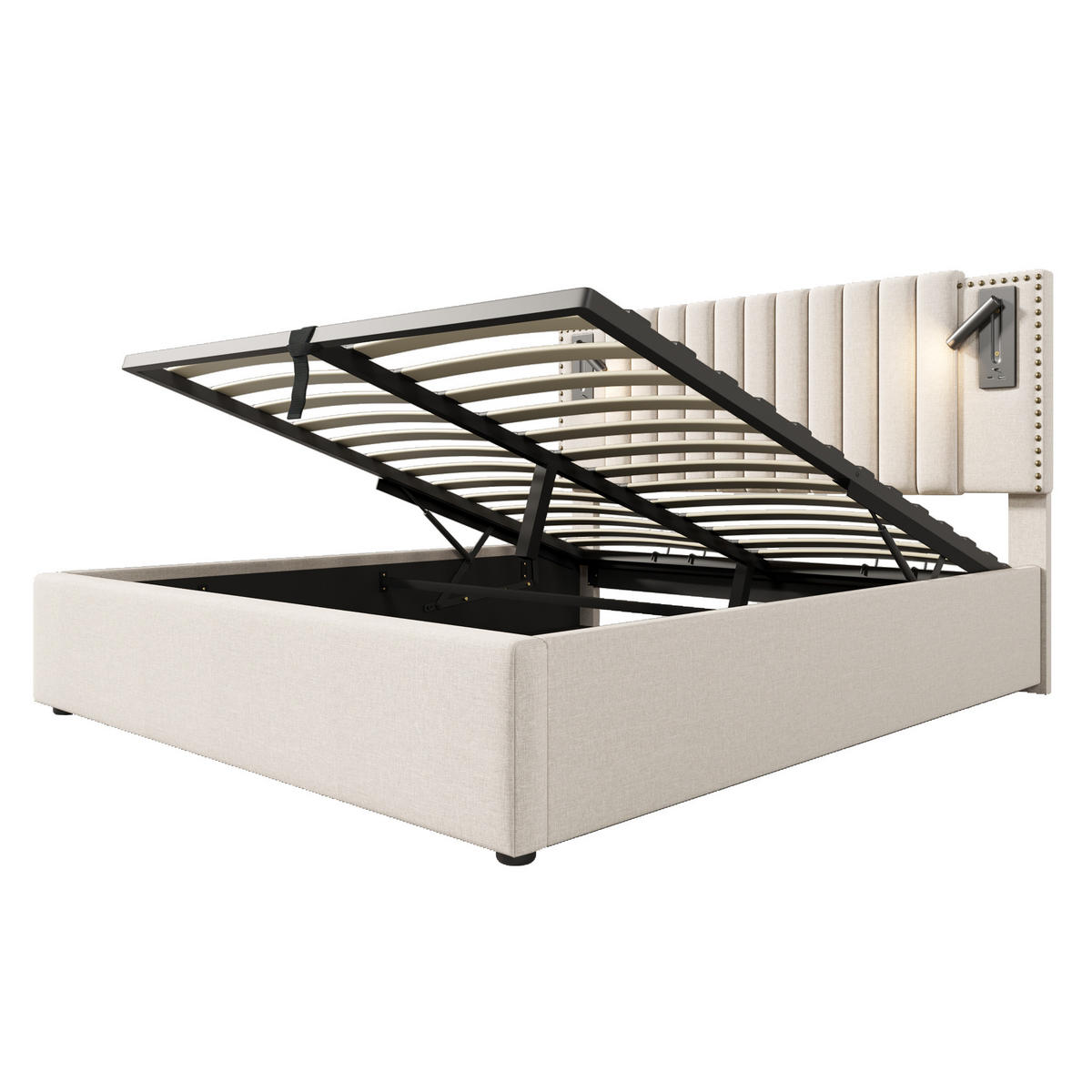 POLSTERBETT 180/200 cm Beige mit Stauraum und Leselicht mit USB-Anschluss - Beige, Textil (180/200cm) - OKWISH