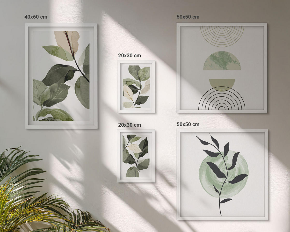BILDER SET 5er Set - 50x50 cm & 20x30 cm & 40x60 cm Weißer Rahmen - Abstrakte Darstellung gemalter Blätter - Weiß, Kunststoff (40/60cm) - TULUP