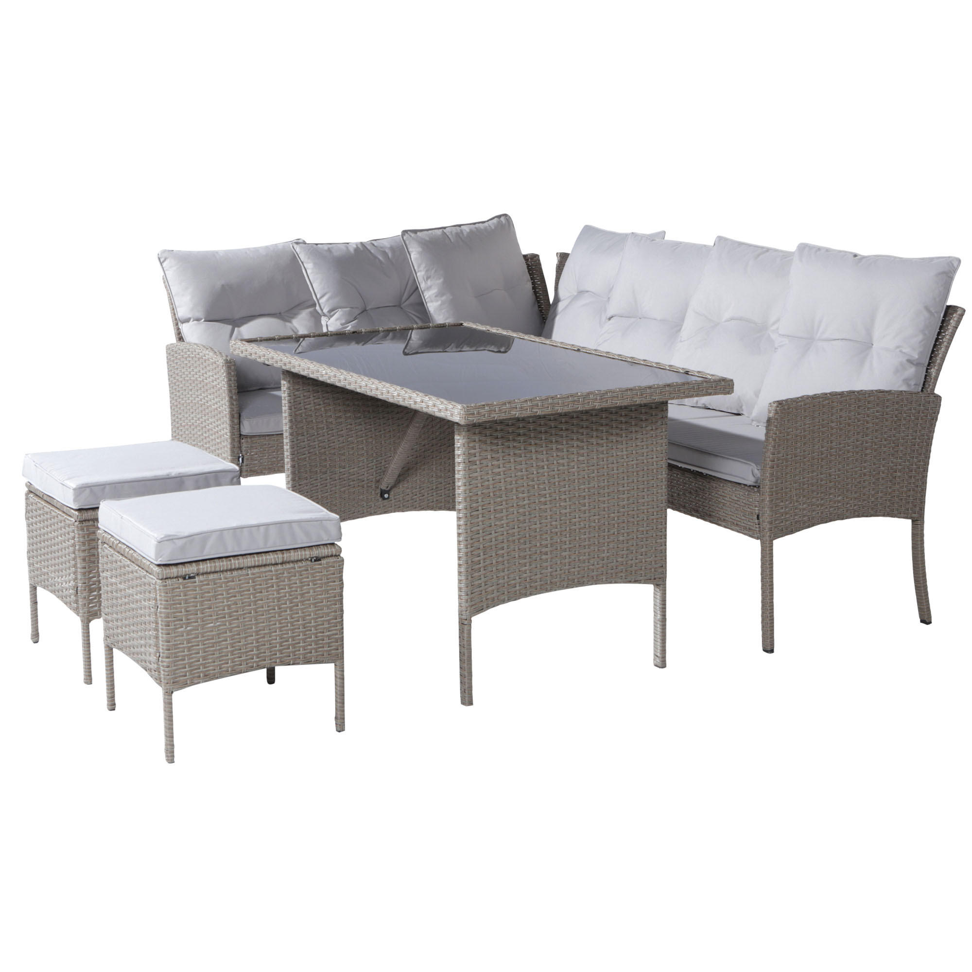 LOUNGESET 7 Personen Khaki Poly Rattan Mit Abnehmbarem Bezug - Hellbraun, Metall - FLIEKS