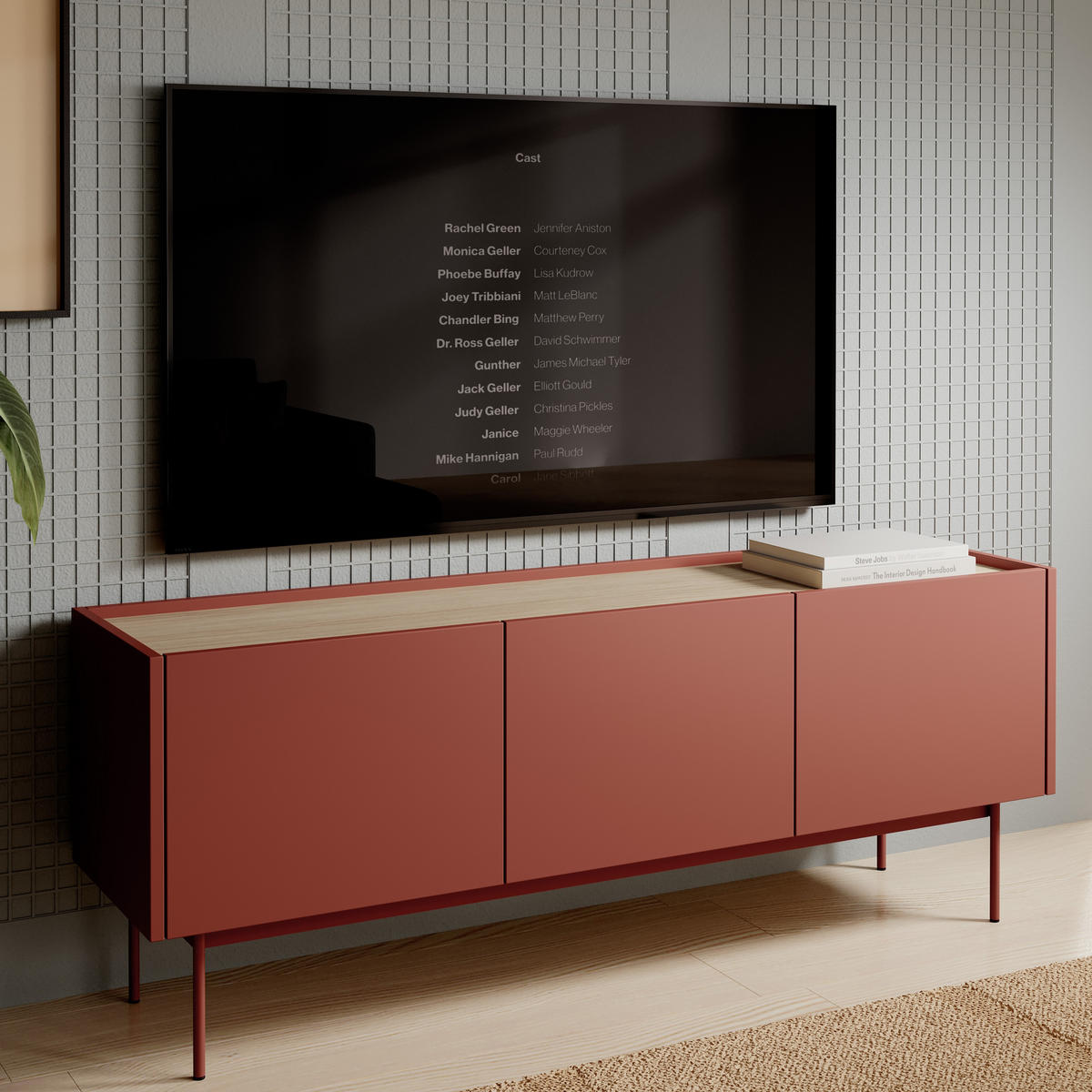 MODERNES TV-Board LUMO RTV3D (Ceramic Red, Eiche Linea, Metallfüße, Soft-Close) - Eichefarben/Rot, Holz/Holzwerkstoff (144/55/37cm) - Ravio