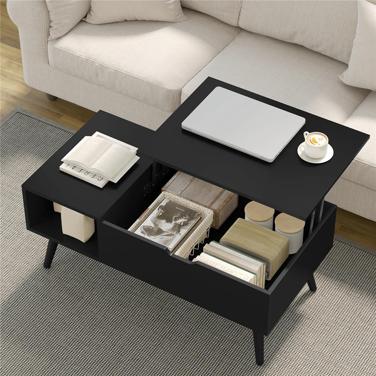COUCHTISCH 100/50/43-57 cm höhenverstellbar Stauraum Schwarz - Schwarz, Holz (50/100/57cm) - Kaket