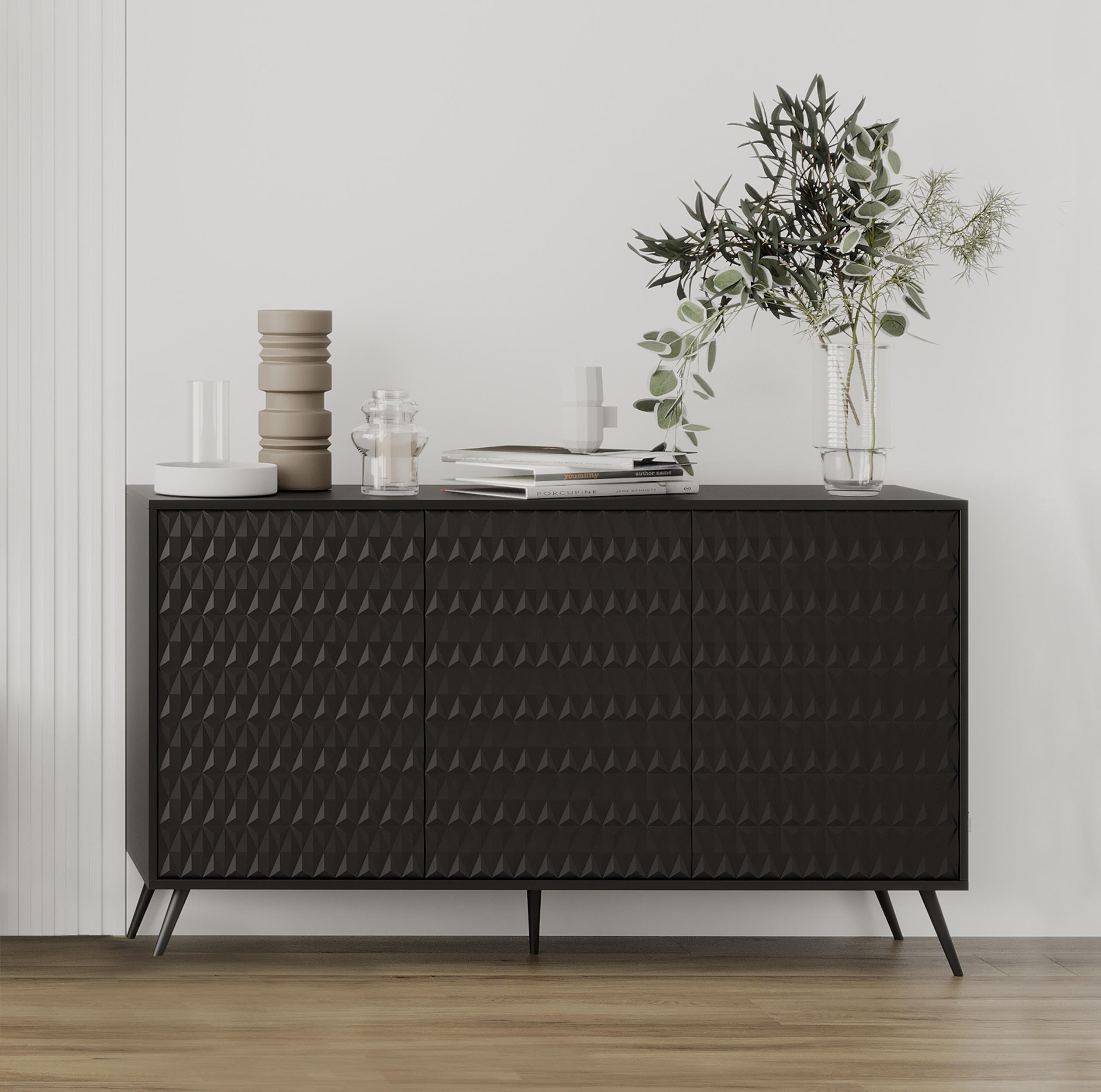 SIDEBOARD Delvine 3T Schwarz 154/78/38 cm – mit schwarzen Beinen und 3 verzierten Türen - Schwarz, Holzwerkstoff (154/78/38cm) - AX Living