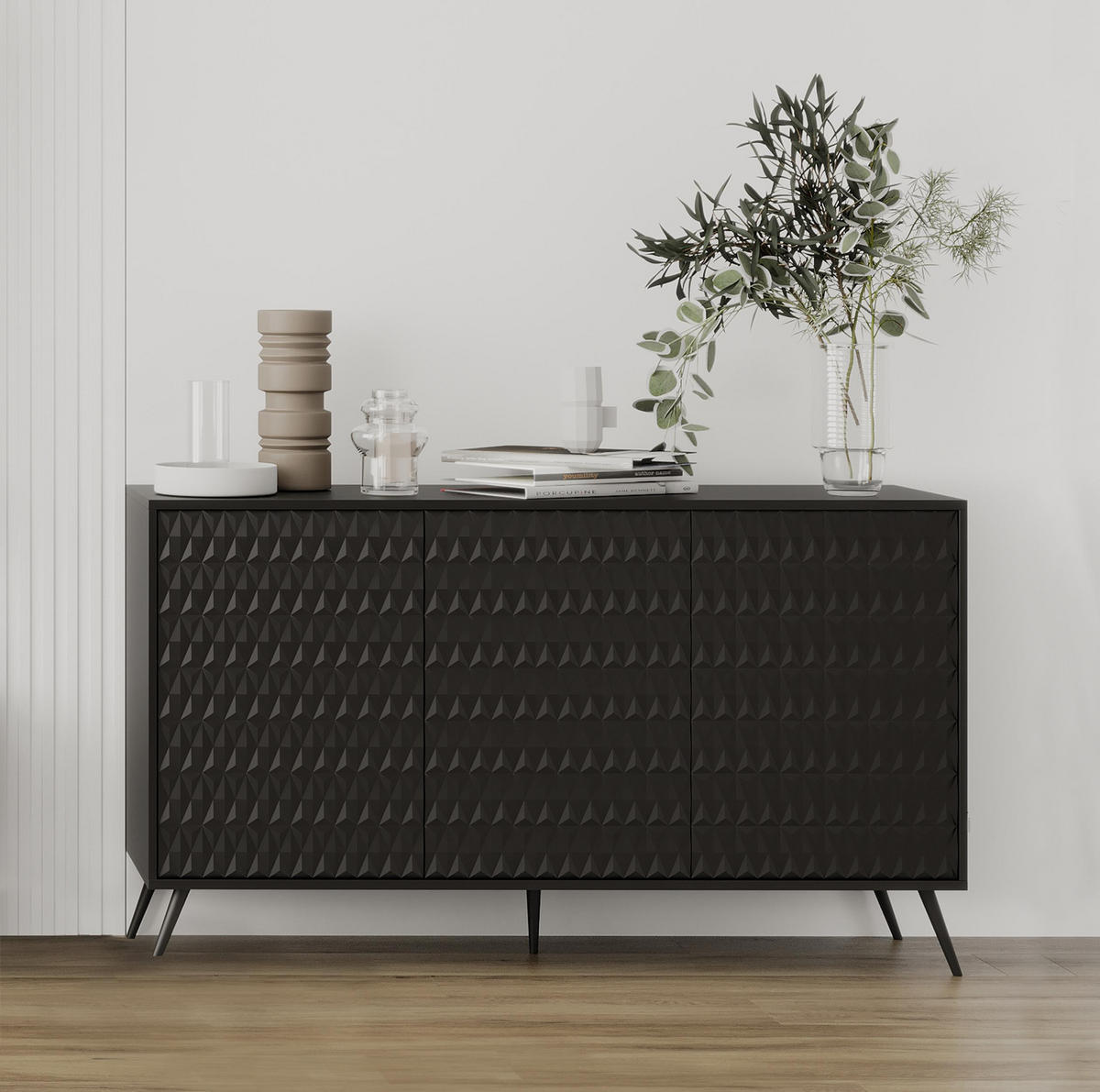 SIDEBOARD Delvine 3T Schwarz 154/78/38 cm – mit schwarzen Beinen und 3 verzierten Türen - Schwarz, Holzwerkstoff (154/78/38cm) - AX Living