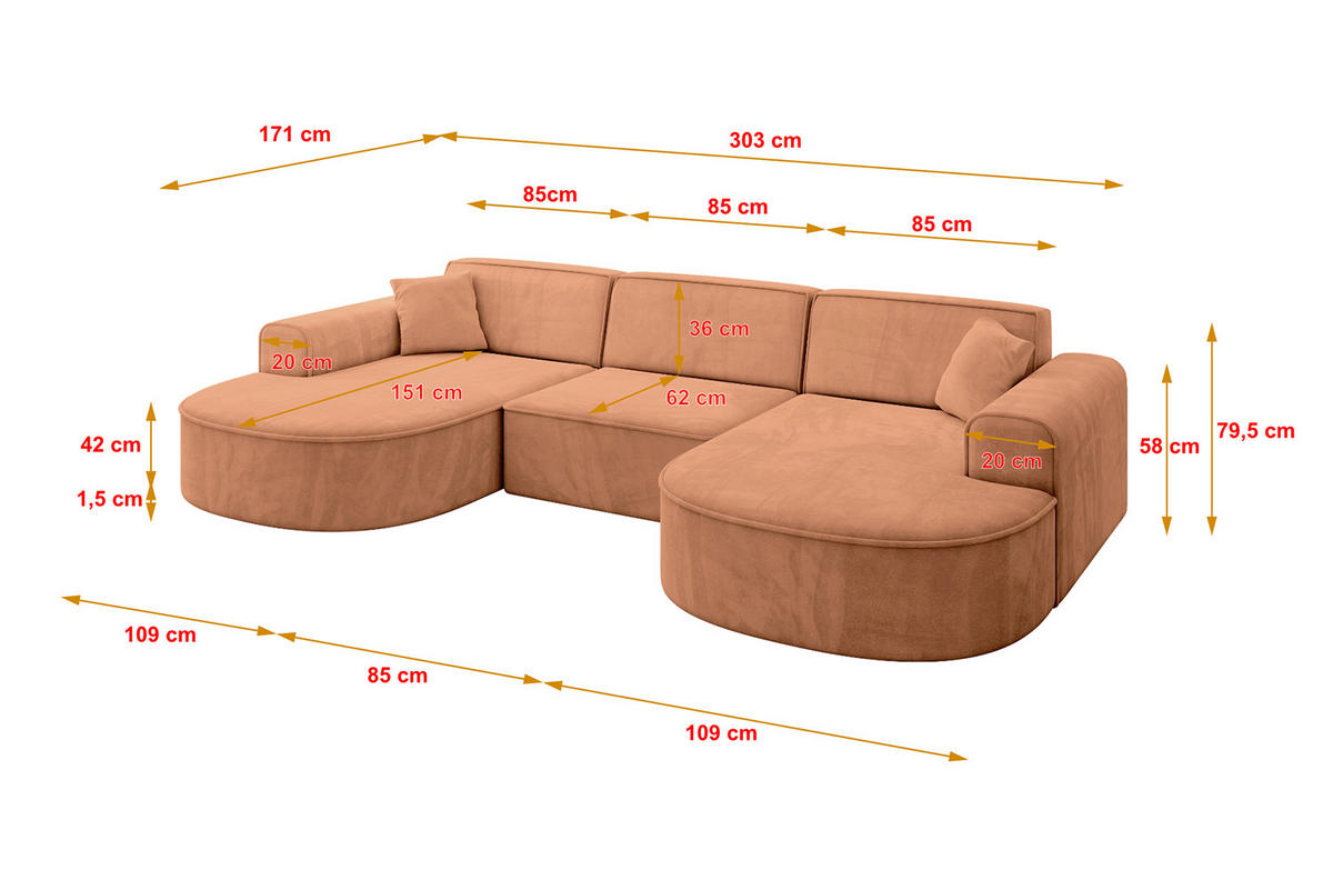 WOHNLANDSCHAFT MARI-U1 - 303x171x79 cm Orange Velours - Schwarz/Orange, Holzwerkstoff/Kunststoff (303/79/171cm) - ALTDECOR