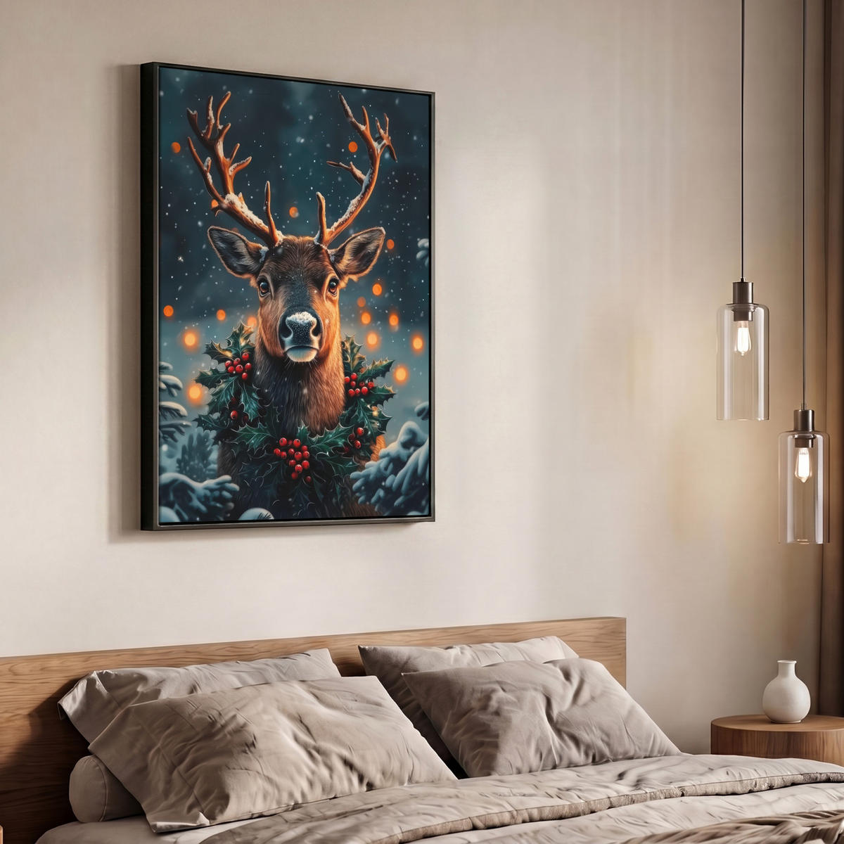 LEINWAND Bilder mit Rahmen - Hirsch - Weihnachten - Winter - Schnee - Weihnachtskranz - 70x100 - Dunkelbraun, Textil (70/100cm) - MuchoWow