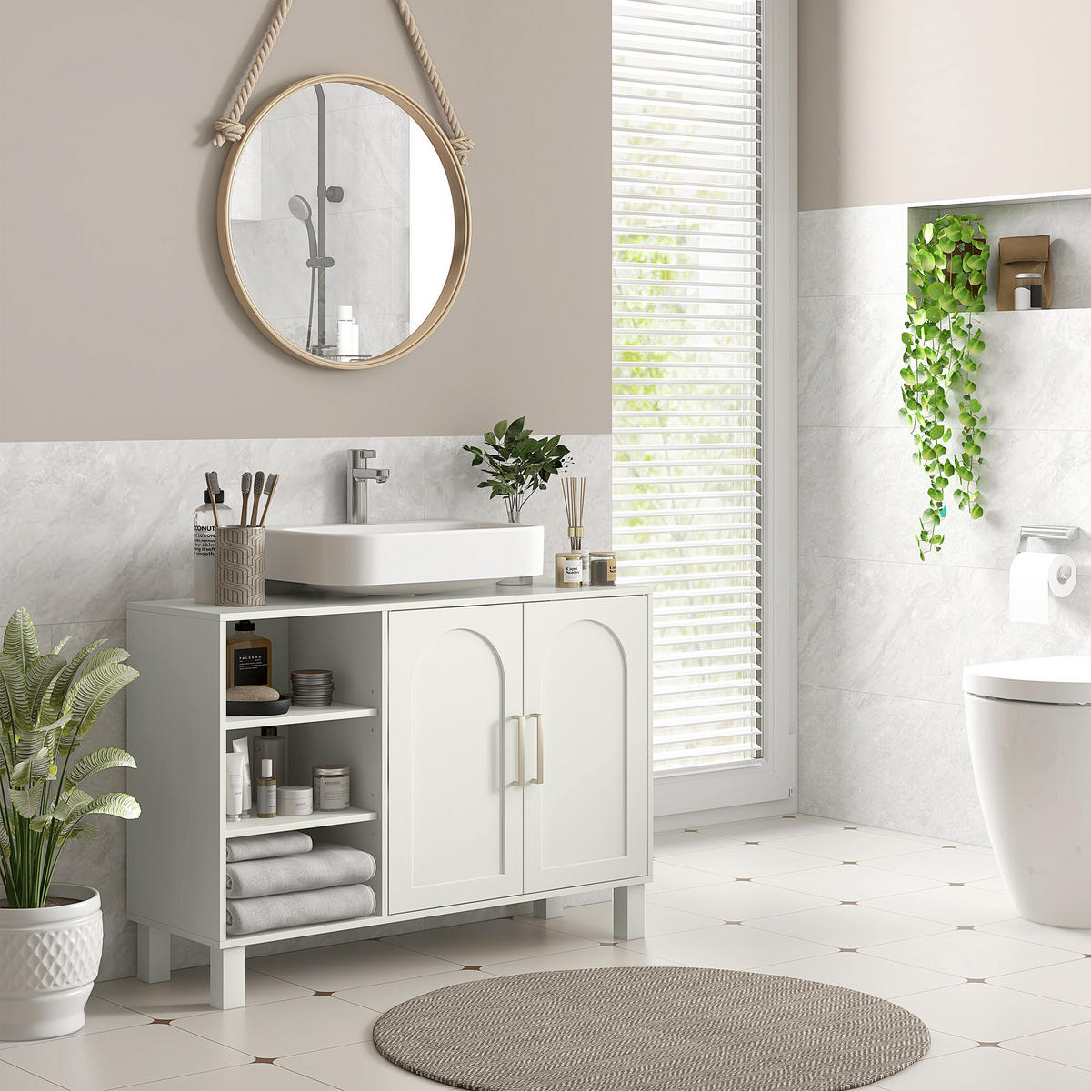 WASCHBECKENUNTERSCHRANK DE-15892 U-Aussparung Creme - Creme, Holzwerkstoff (90/63/30cm) - ComfortXL