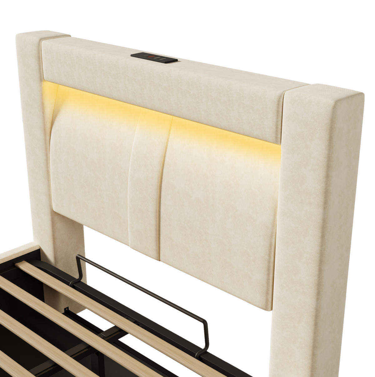 POLSTERBETT aus Samt 90x200 cm in Beige mit LED & USB-C-Ladestation - Beige, Textil (90/200cm) - Modfu