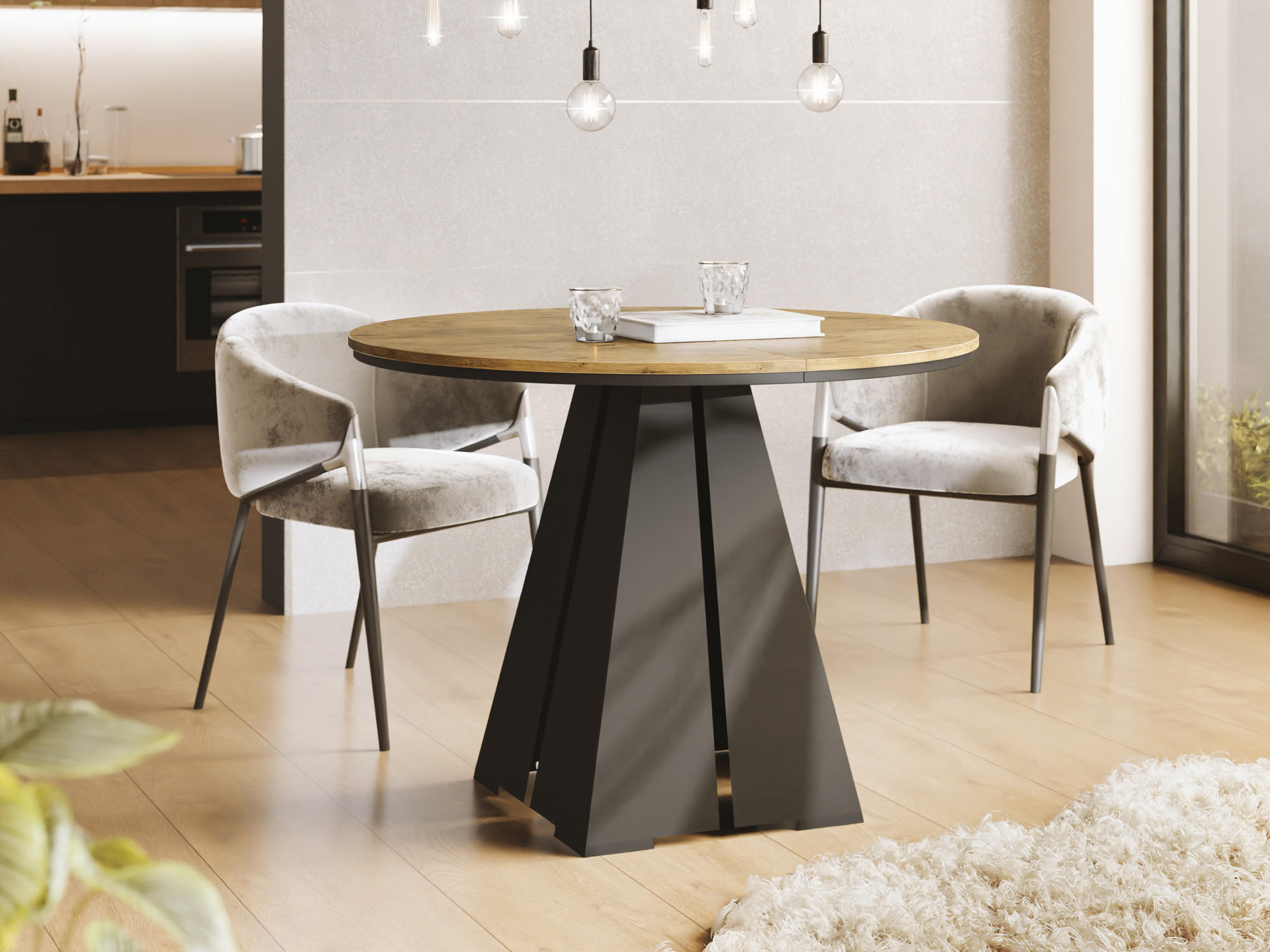 ESSTISCH Kova runder ausziehbarer, Lancelot Eiche 120-200/120/76 cm - Eichefarben/Schwarz, Holzwerkstoff/Metall (120/120/76cm) - WFL GROUP