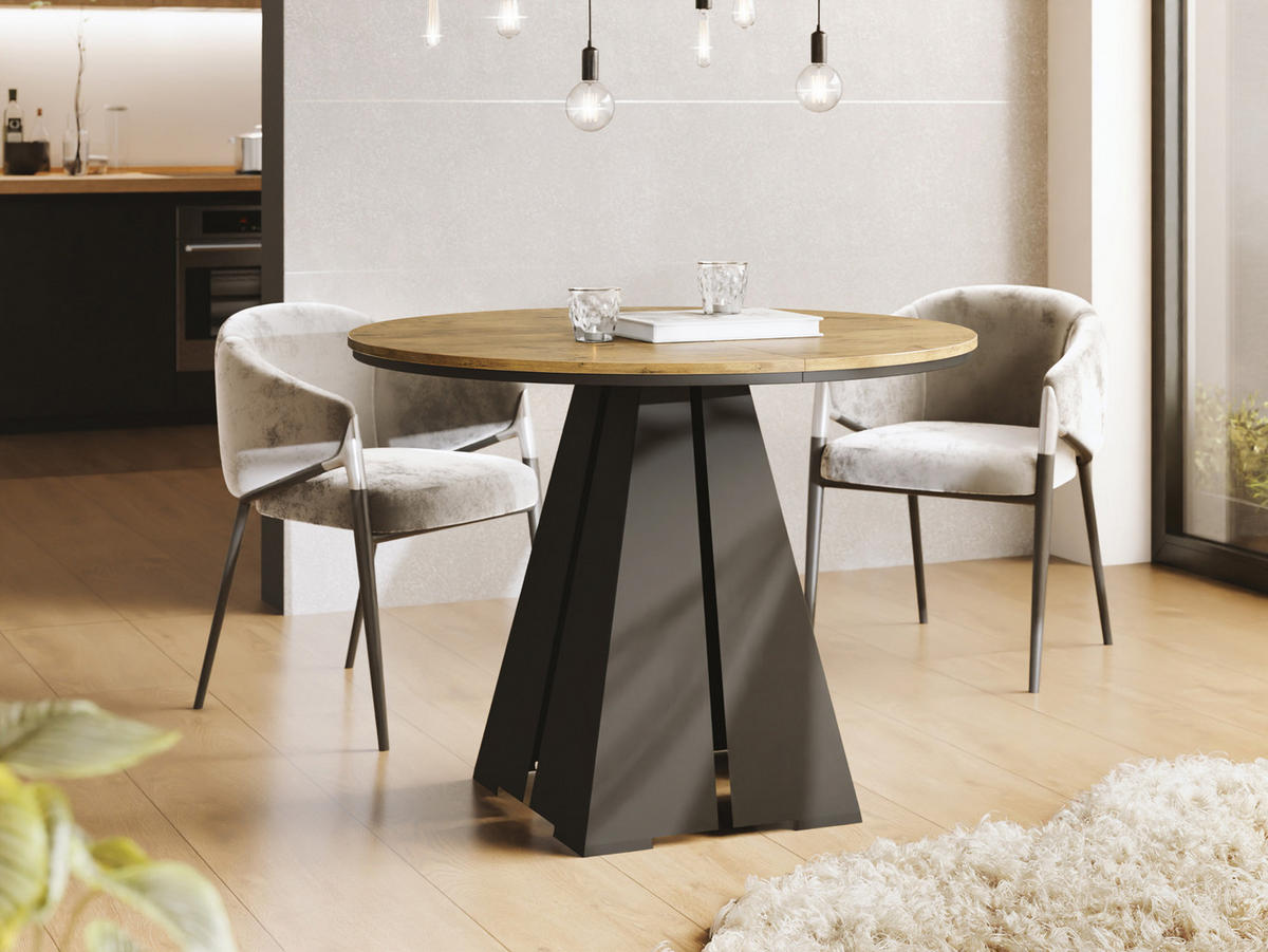ESSTISCH Kova runder ausziehbarer, Lancelot Eiche 100-180/100/76 cm - Eichefarben/Schwarz, Holzwerkstoff/Metall (100/100/76cm) - WFL GROUP
