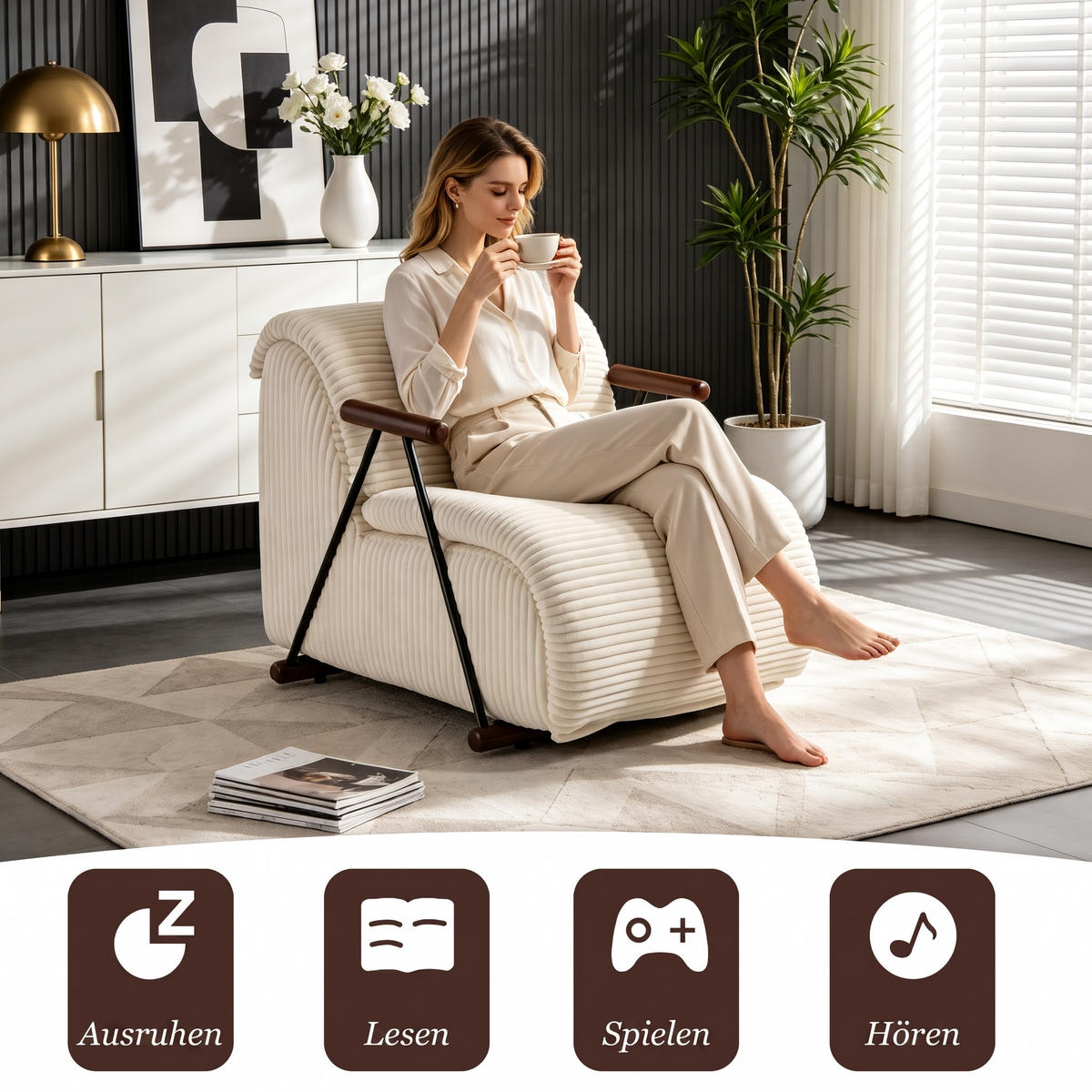 XXL-SESSEL mit Armlehnen, Cord Loungesessel, Ergonomisch, Beige - Beige, Textil/Metall (71/75/100cm) - LVHOM