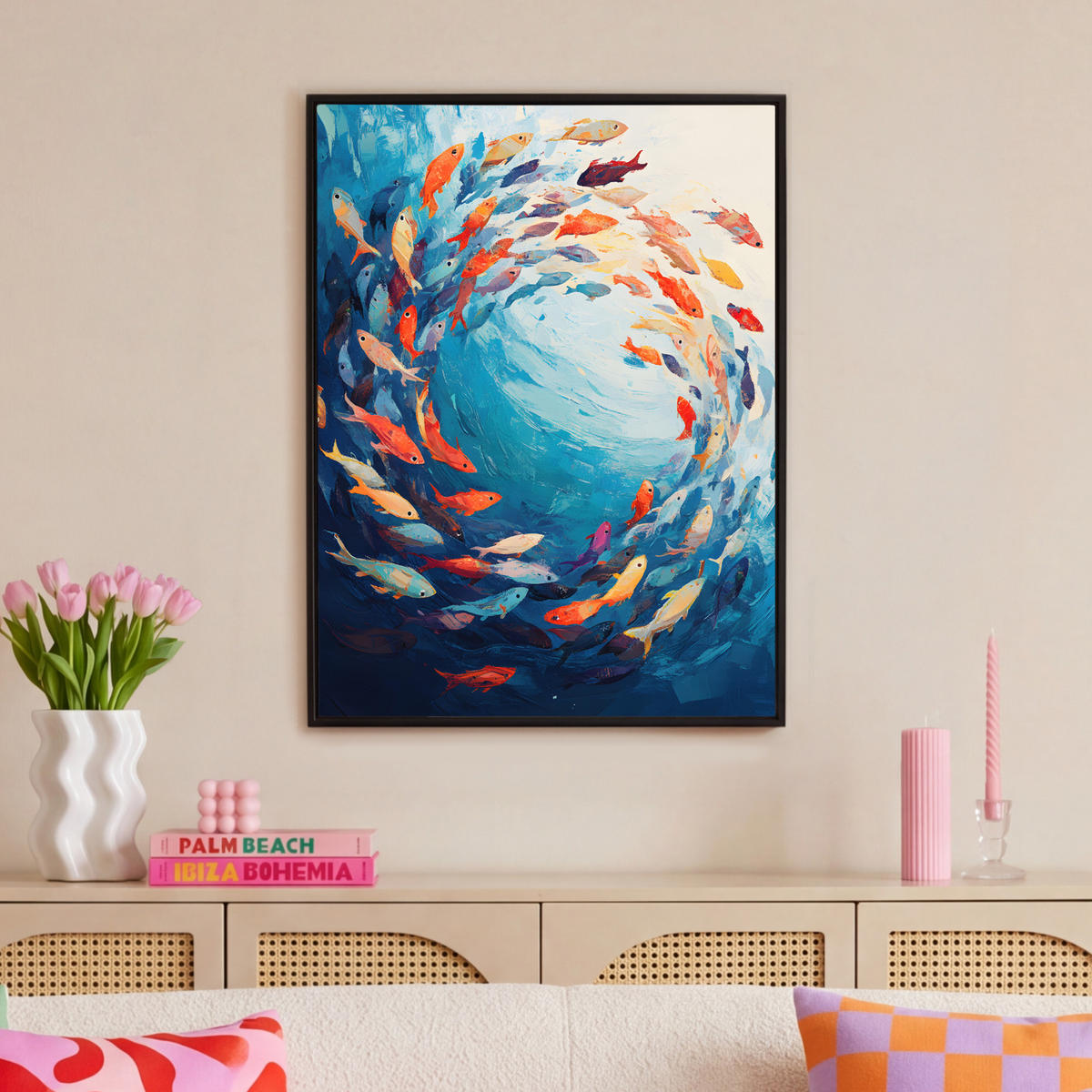 LEINWAND Bilder mit Rahmen - Meer - Fische - Bunt - Dynamisch - 70x100 - Hellblau, Textil (70/100cm) - MuchoWow