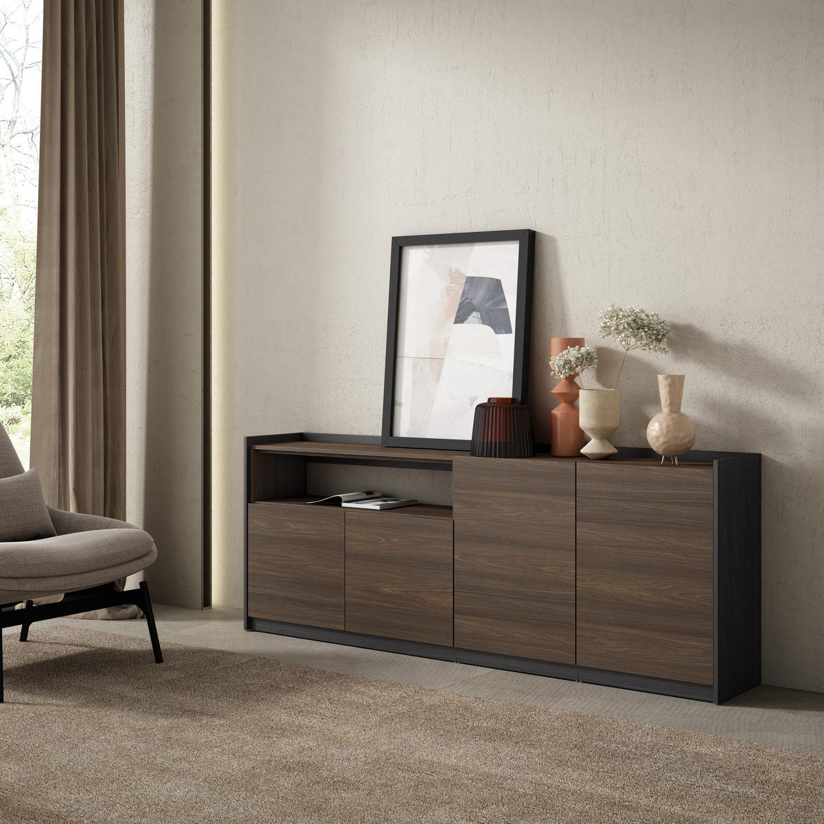 SIDEBOARD, Highboard, Dunkler Eiche und Schwarz, 207/37/80cm - Dunkelbraun, Holzwerkstoff (207/80/37cm) - Skraut Home