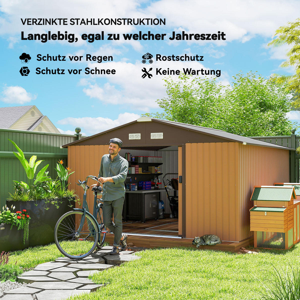 STAHL Gerätehaus mit Bodenplatte, 20m³ Geräteschuppen, Fahrradschuppen, Braun - Braun, Metall (340/200/386cm) - Outsunny