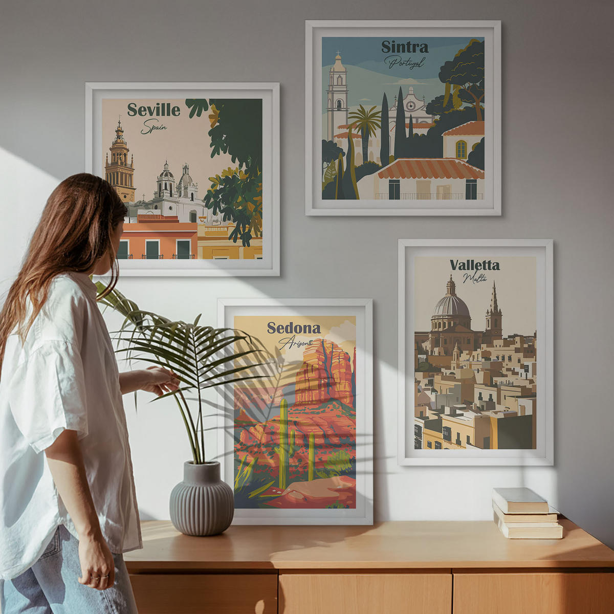 BILDER SET 4er Set - 50x50 cm & 40x60 cm Weißer Rahmen - Retro-Stadtansichten Sedona Sintra - Weiß, Kunststoff (50/50cm) - TULUP