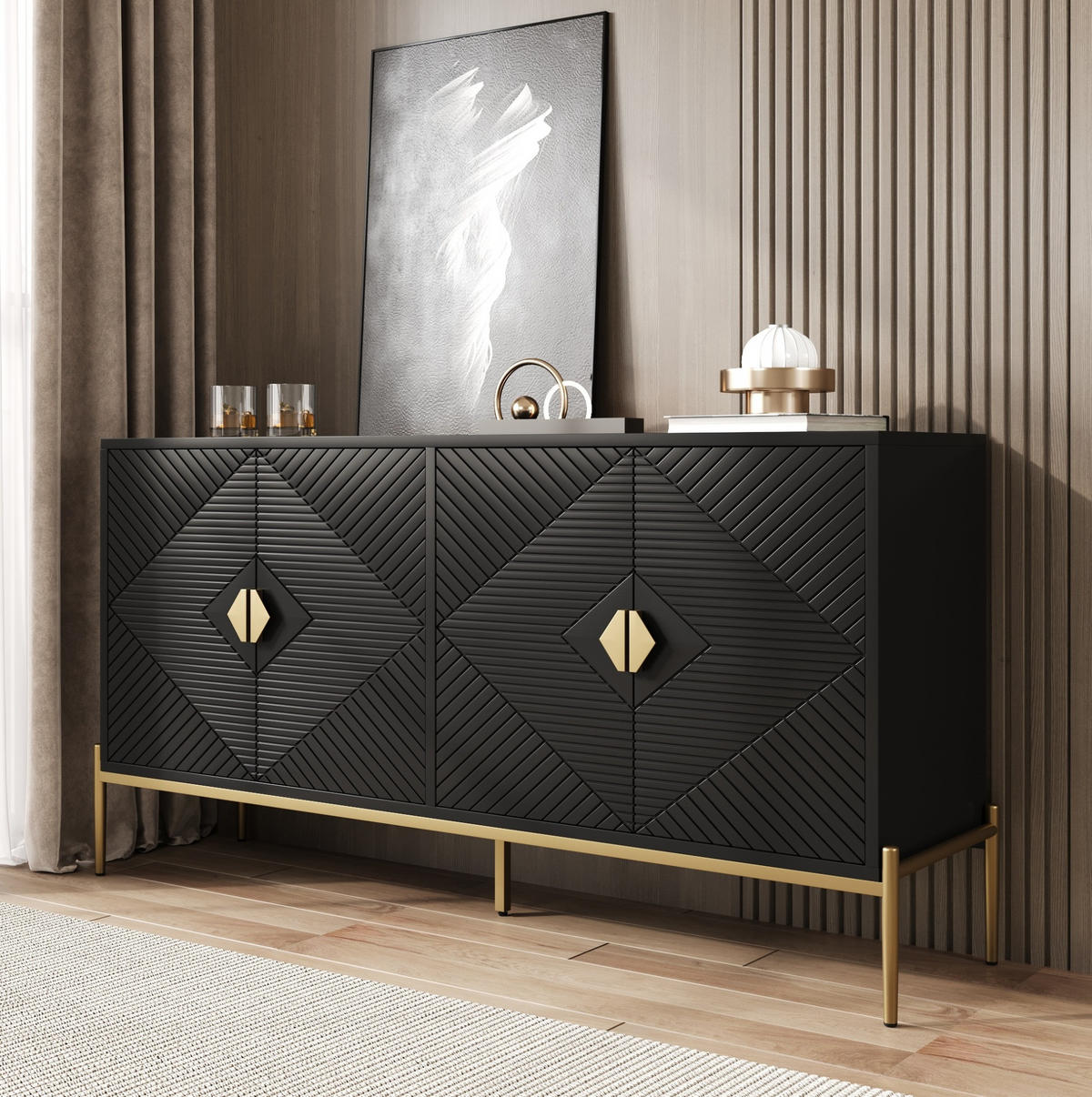 SIDEBOARD aus MDF und Spanplatte 162x40x80 cm Schwarz mit 4 Türen und Metallbeinen - Schwarz, Holzwerkstoff (162/80/40cm) - IVMEU