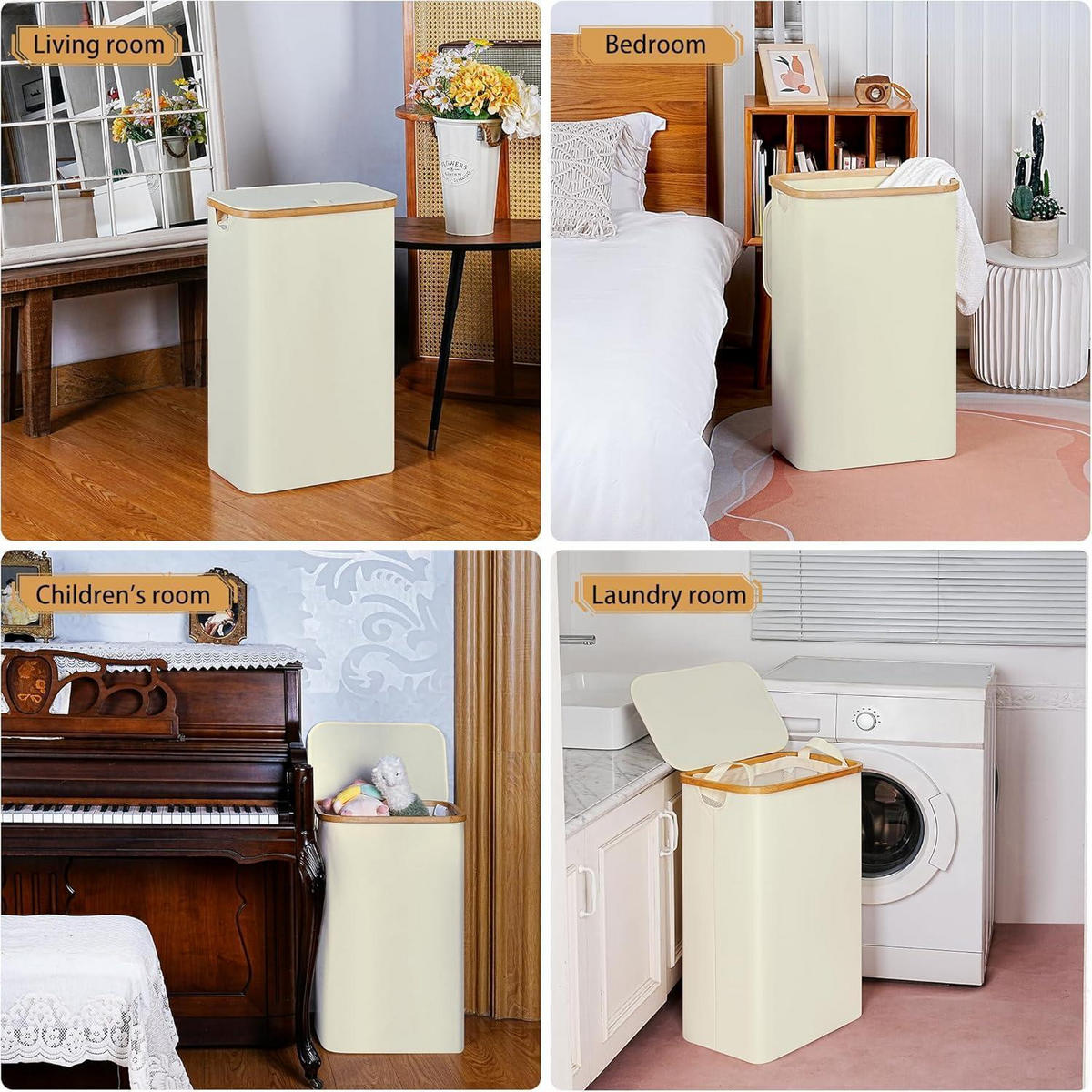 WÄSCHEKORB mit Deckel und Innentasche Beige 75L - Creme, Textil (27.5/66/41cm)