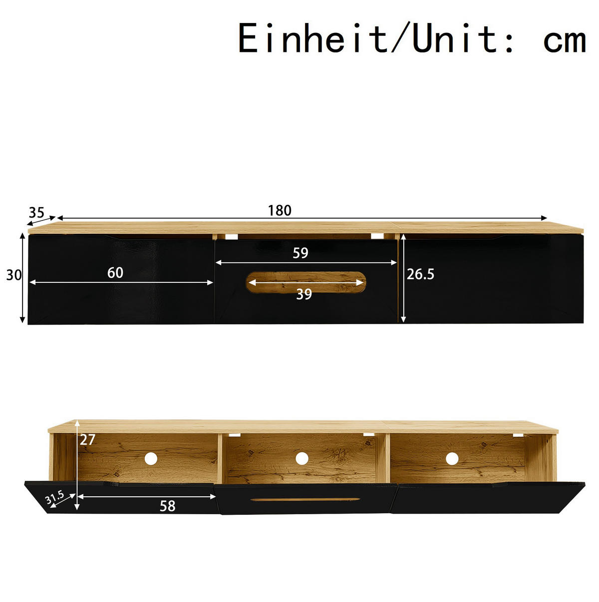 TV-LOWBOARD aus MDF und Spanplatte 180x35x30 cm Schwarz in Holzoptik mit LED-Beleuchtung - Schwarz, Holzwerkstoff (180/30/35cm) - IVMEU